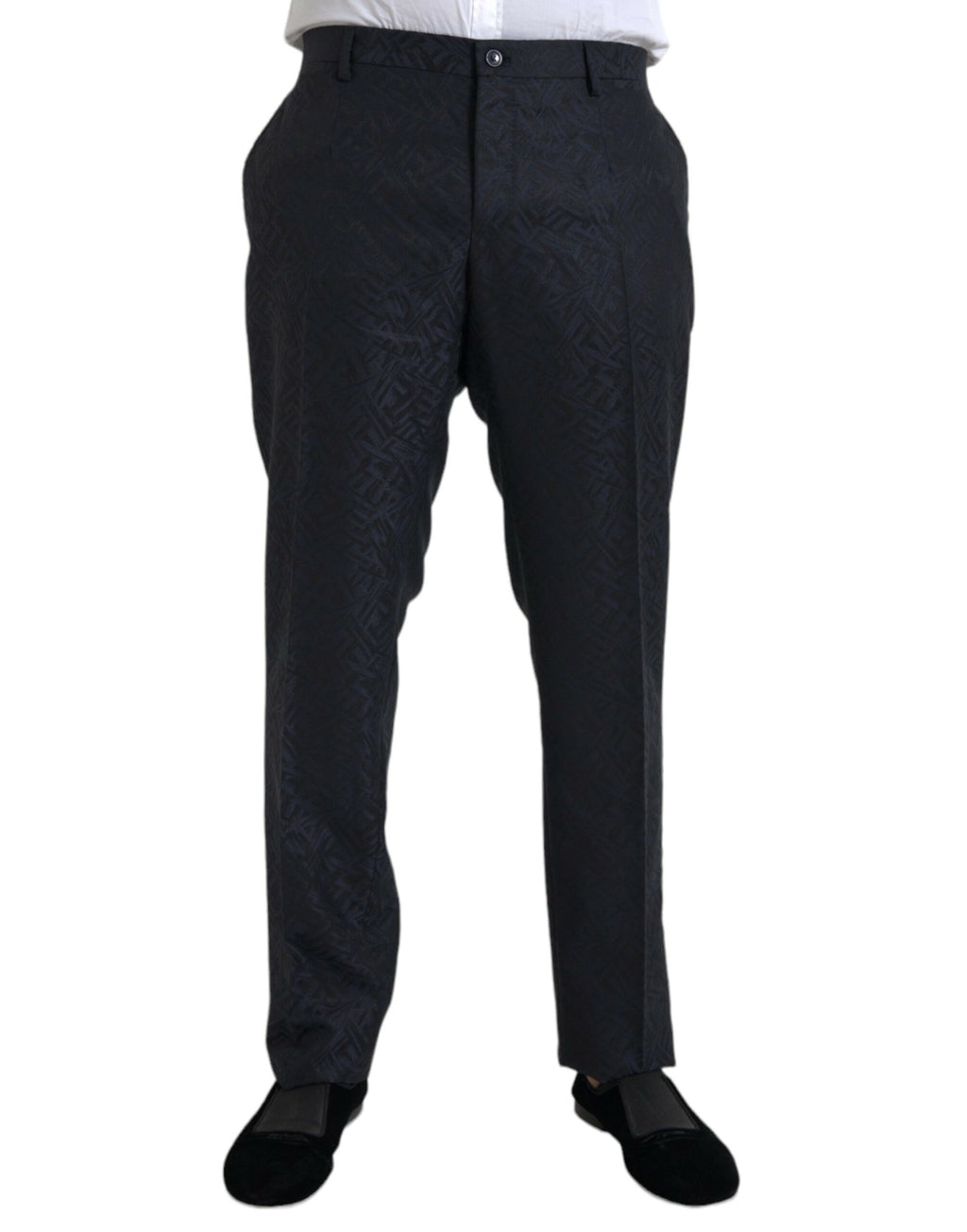 Pantalon homme Dolce & Gabbana en laine bleu brocart, coupe skinny, pantalon de costume élégant et tendance.