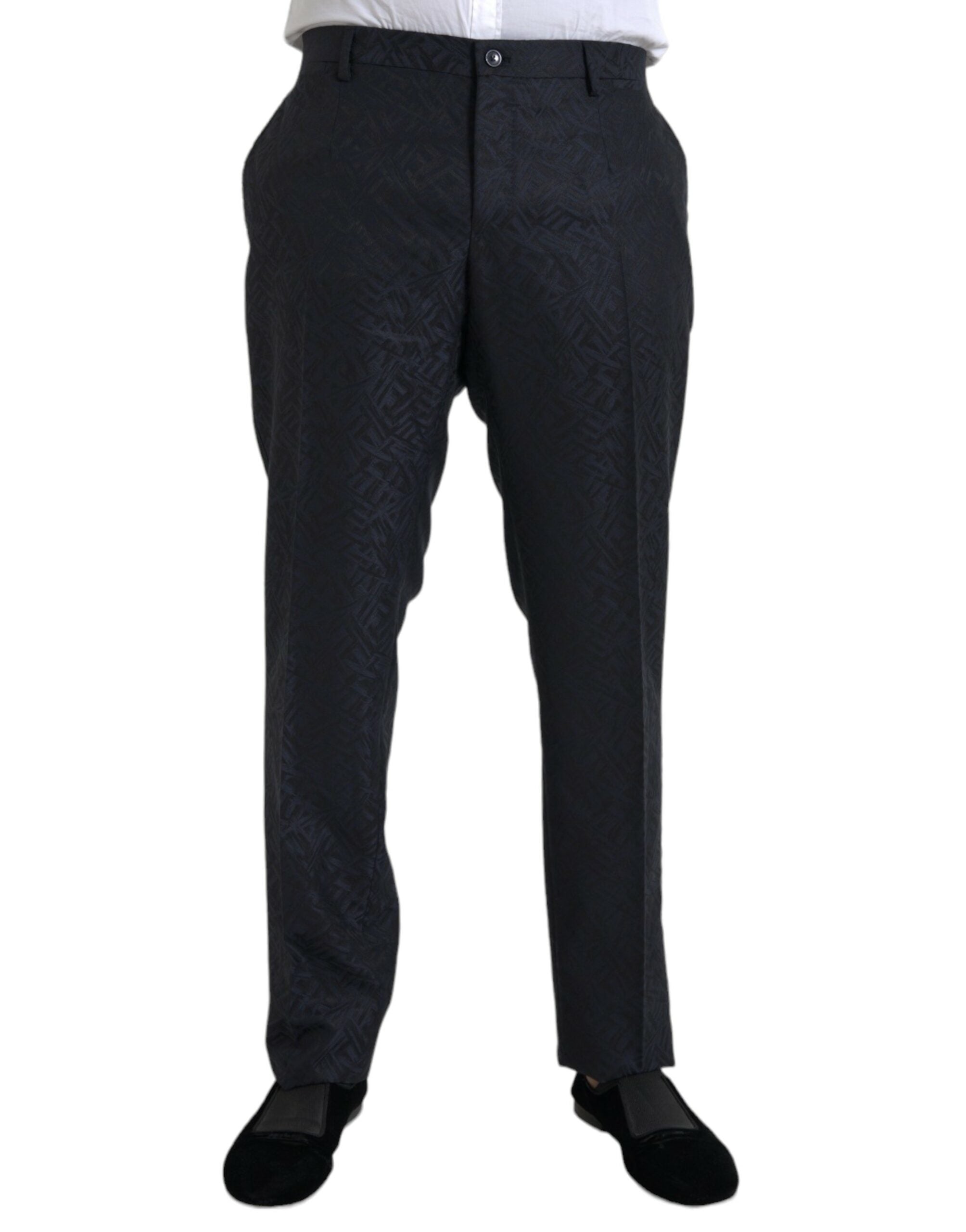 Pantalon homme Dolce & Gabbana en laine bleu brocart, coupe skinny, pantalon de costume élégant et tendance.