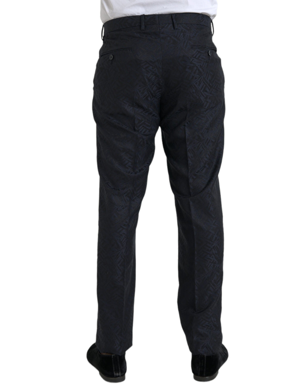 Pantalon homme Dolce & Gabbana en laine bleu brocart ajusté, style pantalon de costume élégant et moderne.