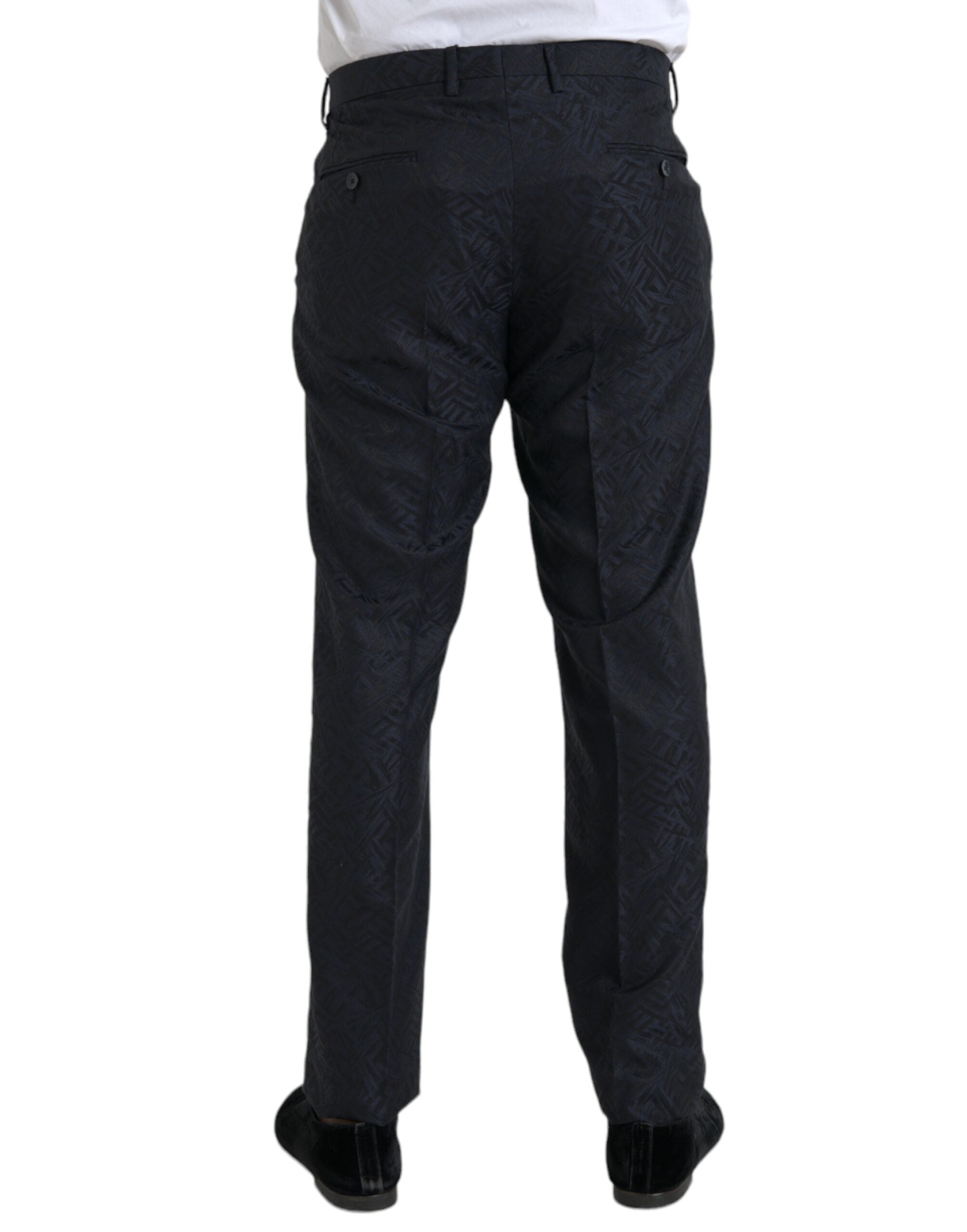 Pantalon homme Dolce & Gabbana en laine bleu brocart ajusté, style pantalon de costume élégant et moderne.