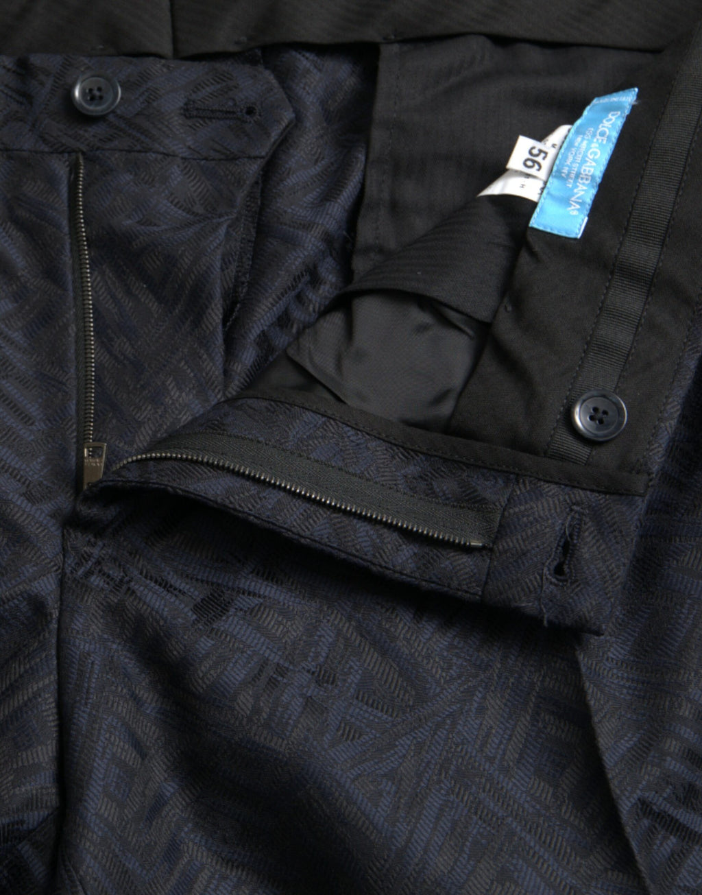 Pantalon homme Dolce & Gabbana en laine bleu brocart, coupe skinny, pantalon de costume élégant et sophistiqué.