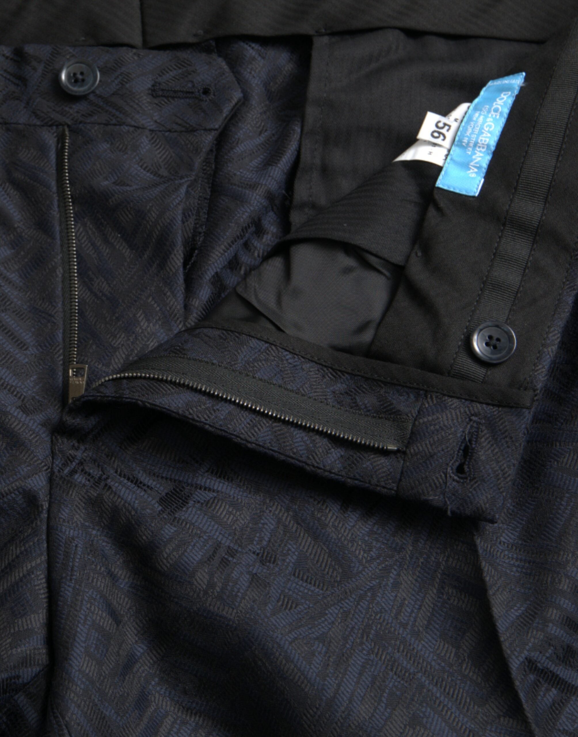 Pantalon homme Dolce & Gabbana en laine bleu brocart, coupe skinny, pantalon de costume élégant et sophistiqué.