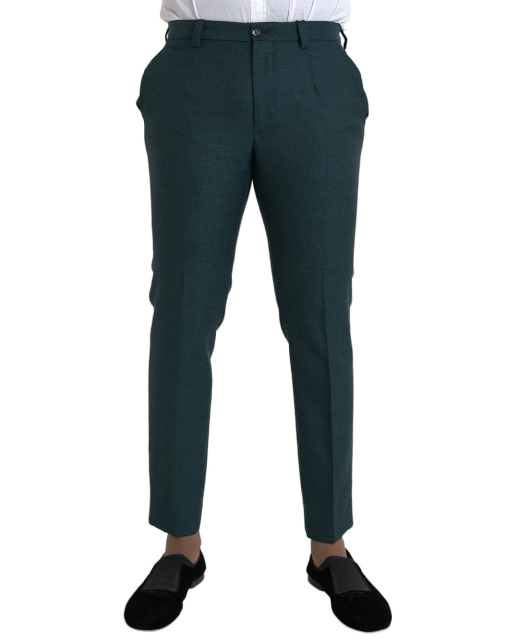 Pantalons slim en laine verte Dolce & Gabbana, coupe ajustée et élégante, visibles avec détails de couture.