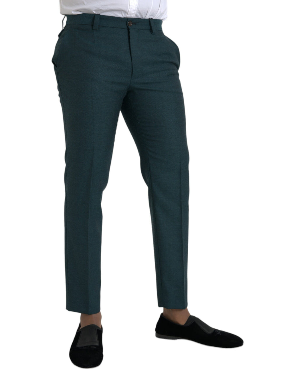 Pantalon slim en laine verte Dolce & Gabbana pour femme, coupe ajustée et élégante, vue de face sur fond neutre.