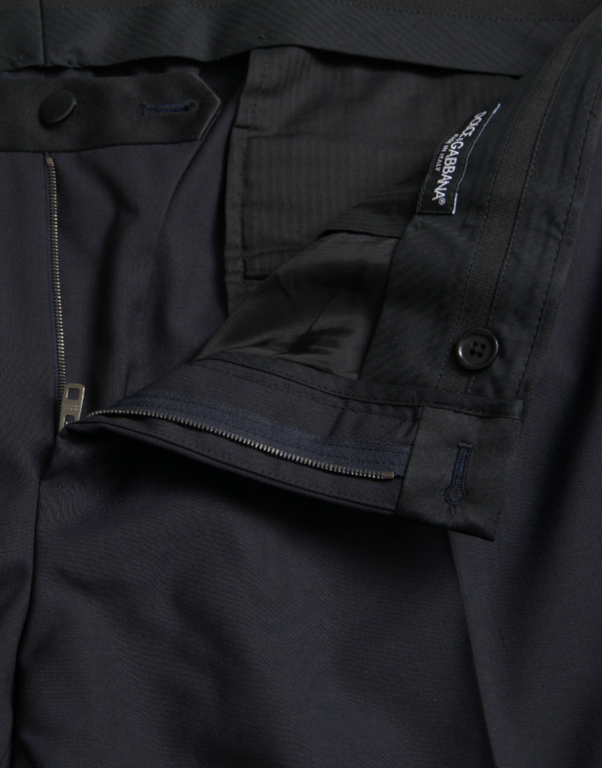 Pantalon homme Dolce & Gabbana en laine bleue, coupe skinny, pantalon habillé élégant avec ceinture.