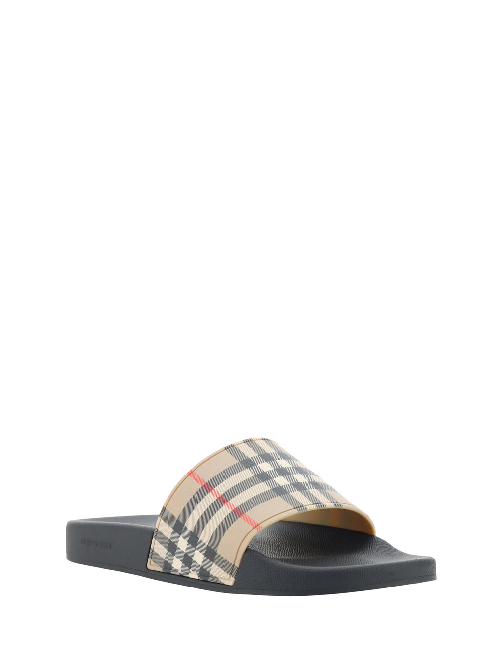 Sandales en caoutchouc marron Burberry, style slides, avec logo emblématique visible sur la bande frontale.