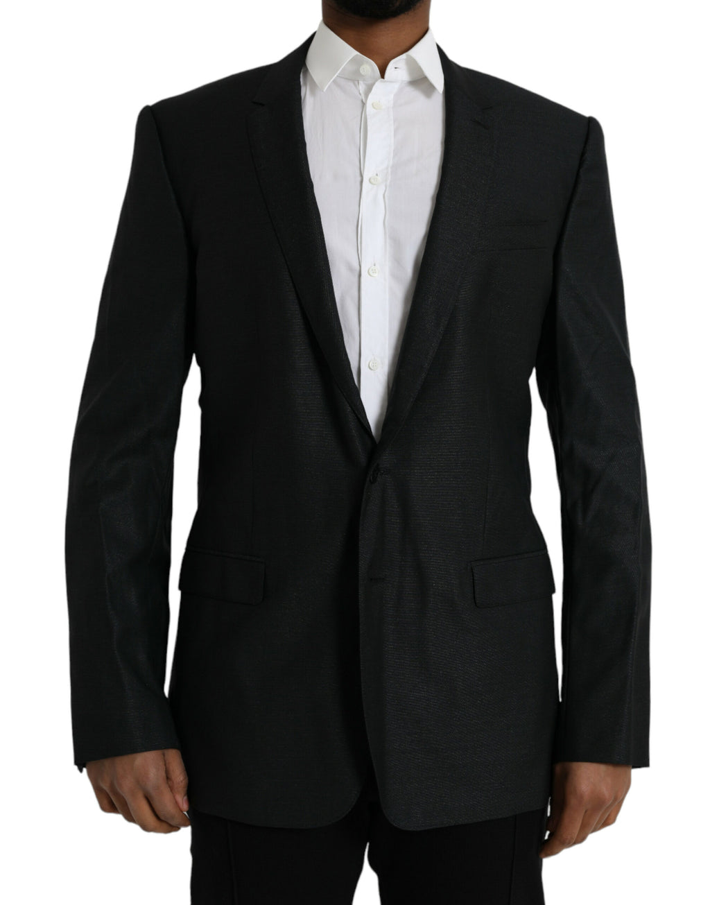 Manteau blazer noir en laine Dolce & Gabbana à col cranté et boutonnage simple, élégance classique et sophistiquée.