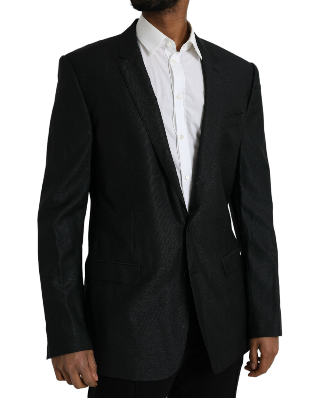 Manteau blazer en laine noire Dolce & Gabbana, à col cranté et à boutonnière simple, porté sur mannequin.