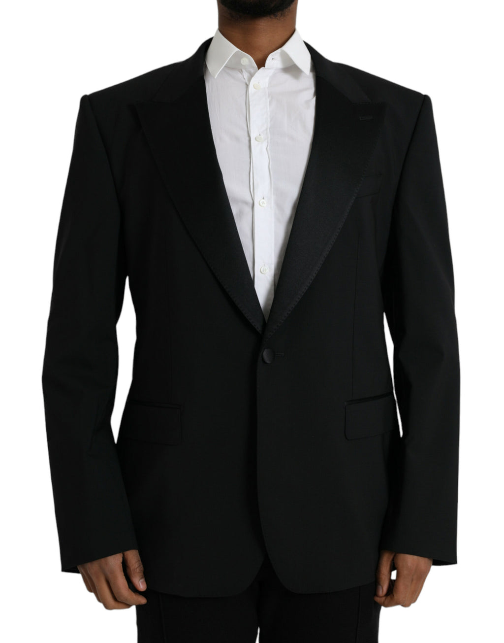 Blazer noir Dolce & Gabbana SICILIA à un seul boutonnage, détail élégant, porté sur un mannequin.