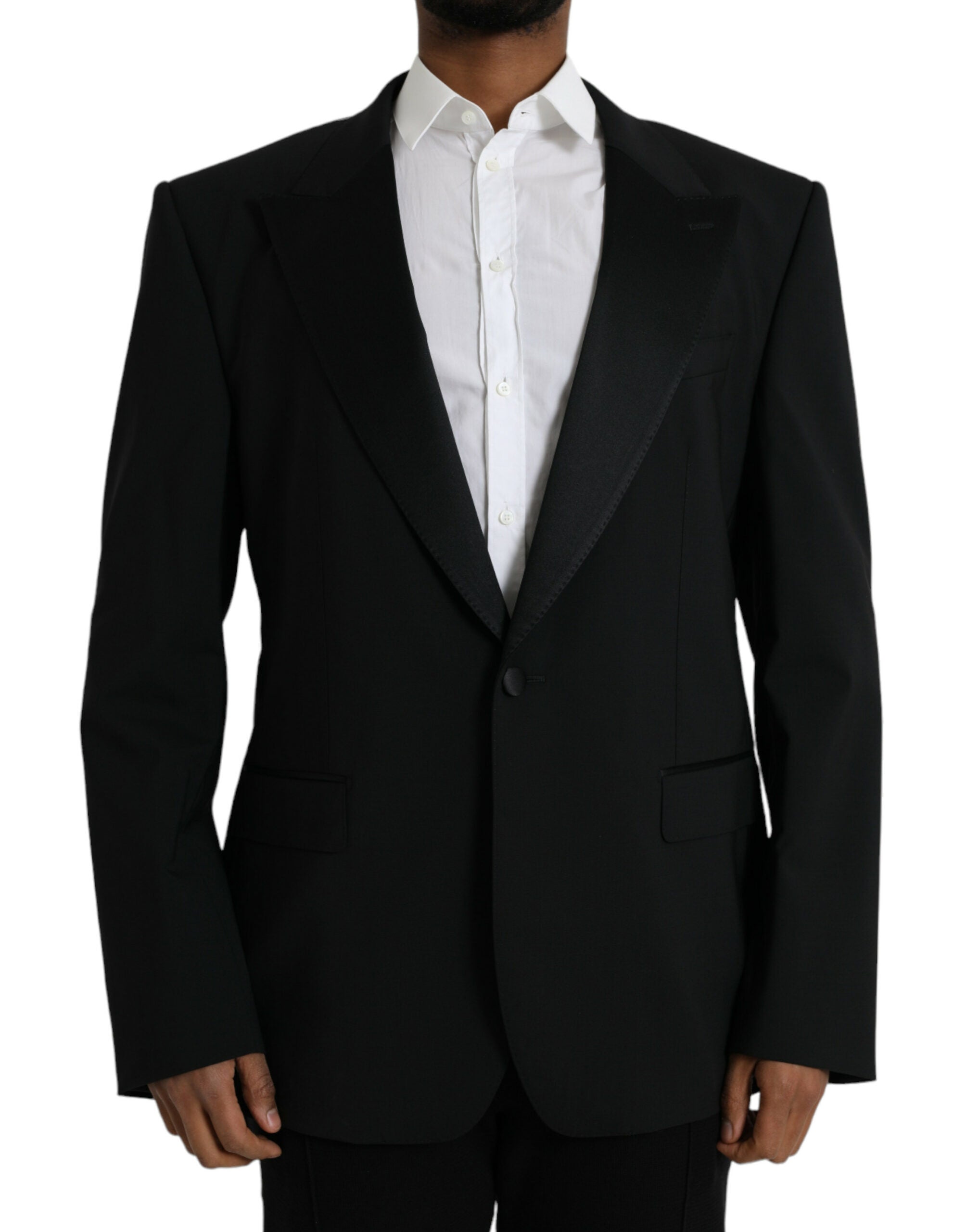 Blazer noir Dolce & Gabbana SICILIA à un seul boutonnage, détail élégant, porté sur un mannequin.