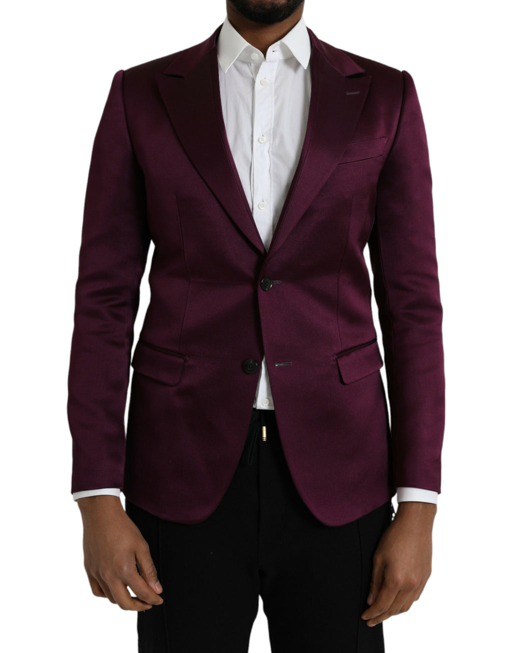 Manteau blazer en soie bordeaux Dolce & Gabbana à simple boutonnage, élégante coupe pour homme ou femme.