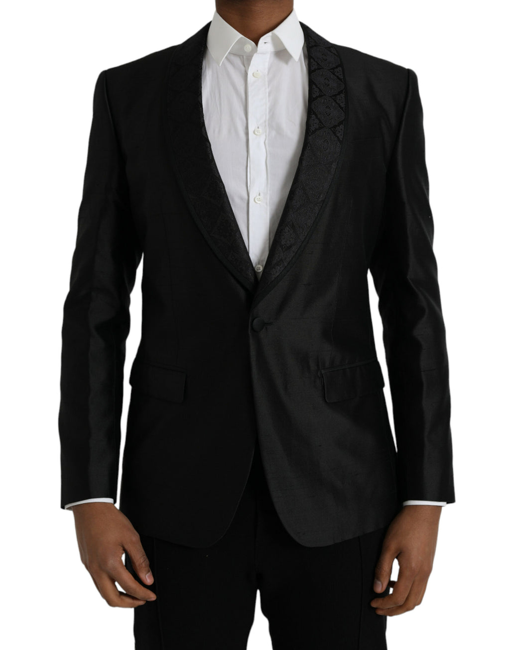 Manteau blazer noir Dolce & Gabbana Martini à un bouton, coupe classique et élégante, porté sur mannequin.