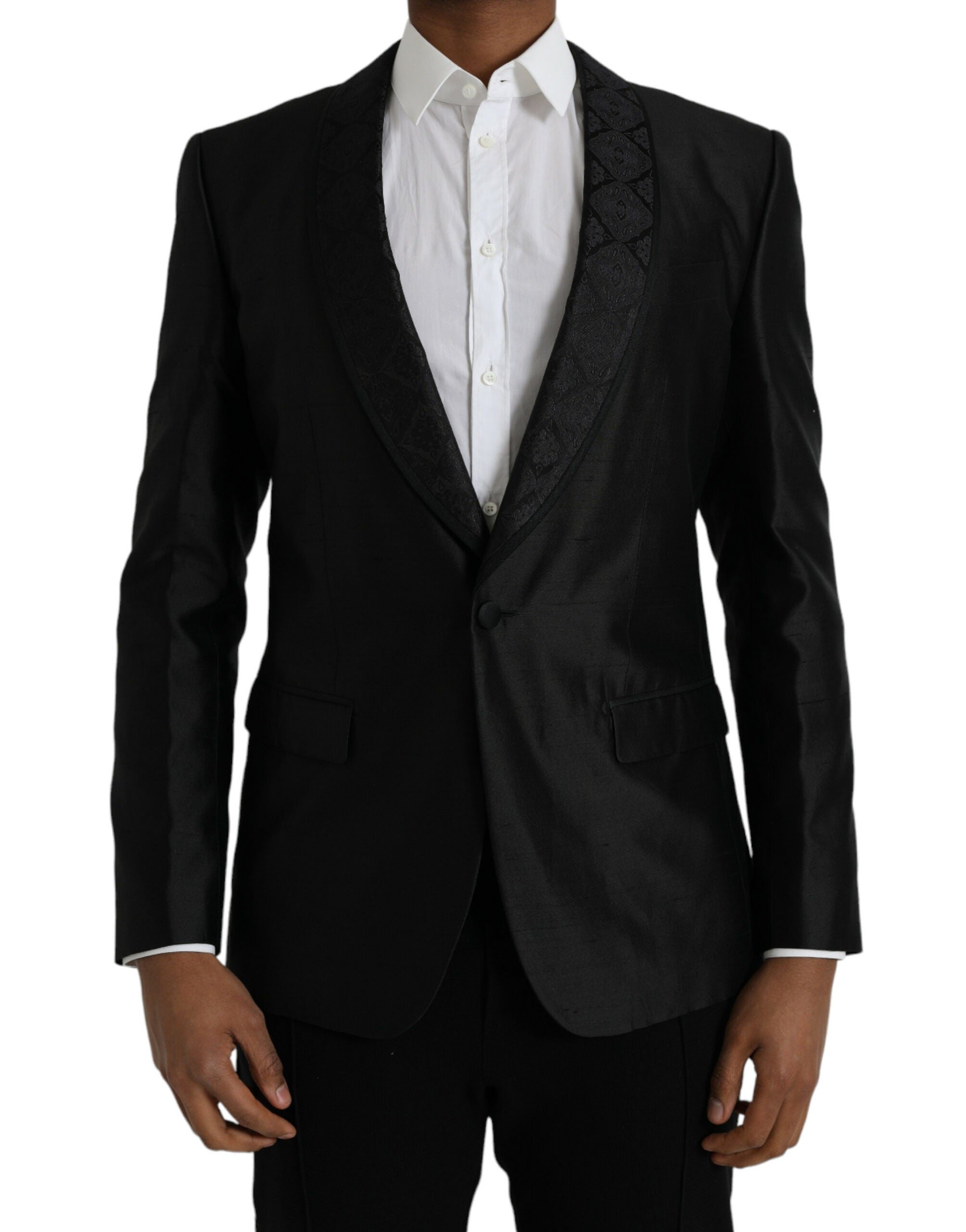 Manteau blazer noir Dolce & Gabbana Martini à un bouton, coupe classique et élégante, porté sur mannequin.