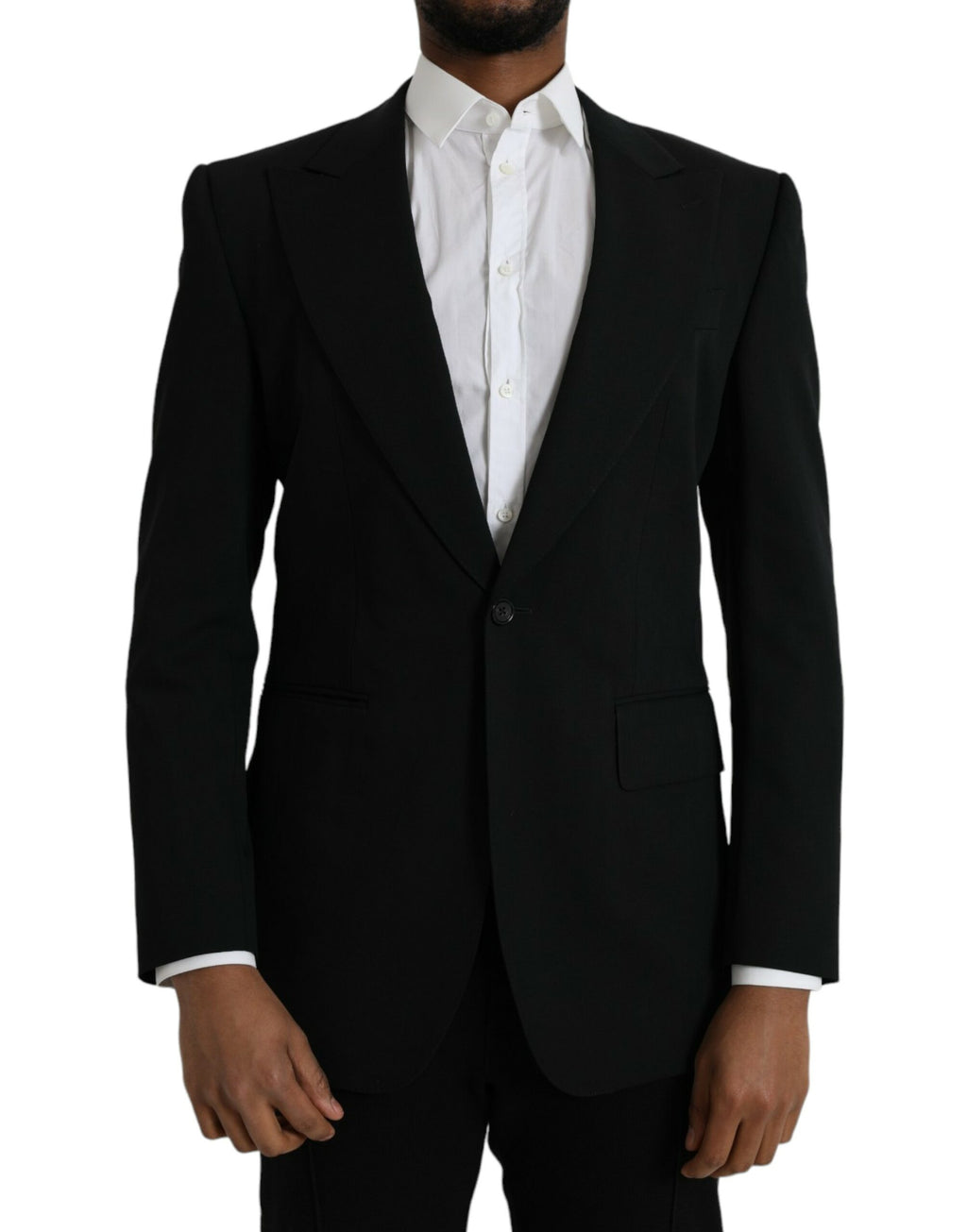 Manteau noir en laine Dolce & Gabbana, blazer à col cranté et coupe cintrée, vue de face sur fond neutre.