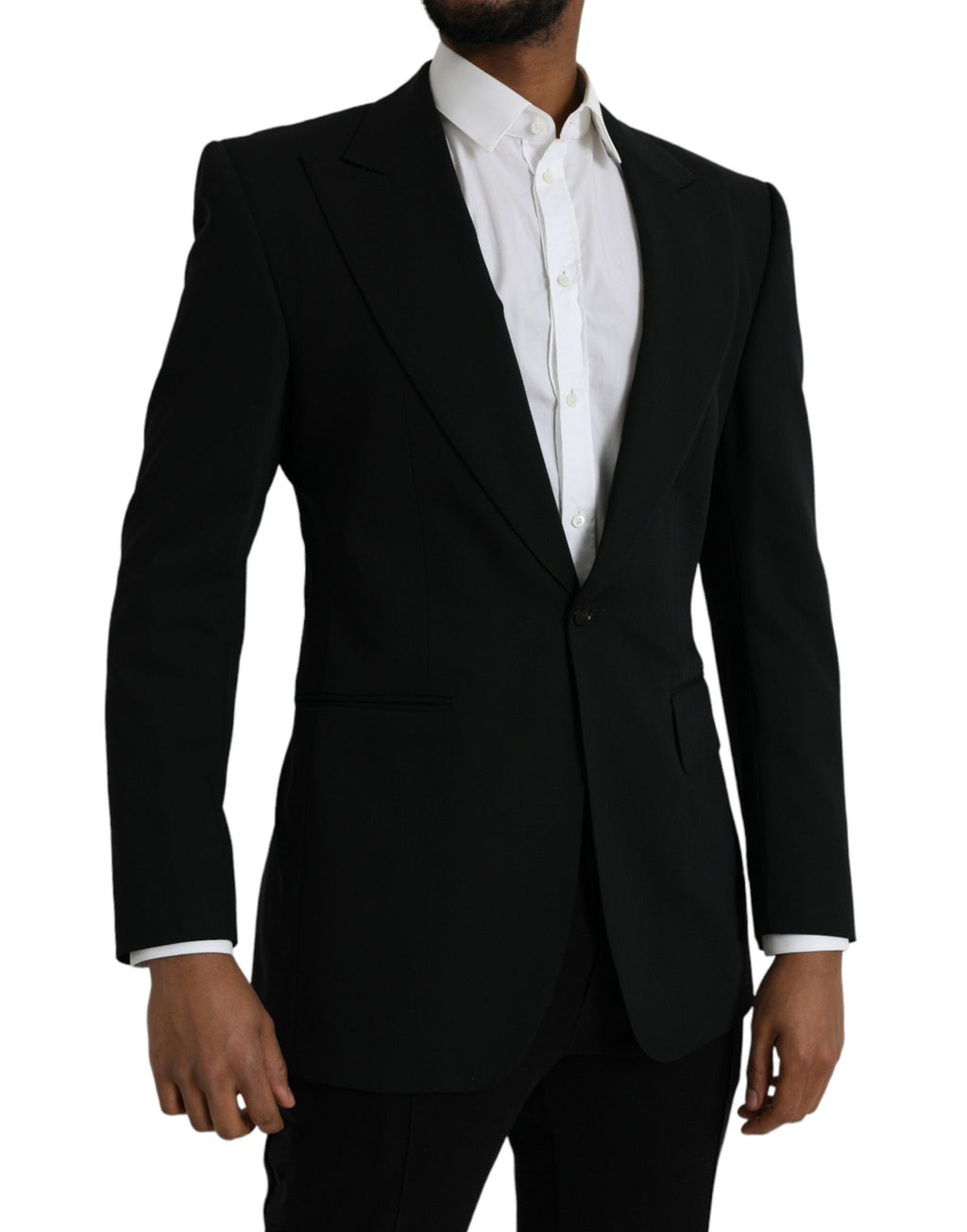 Manteau blazer noir en laine Dolce & Gabbana à col cranté et coupe classique, vue de face.