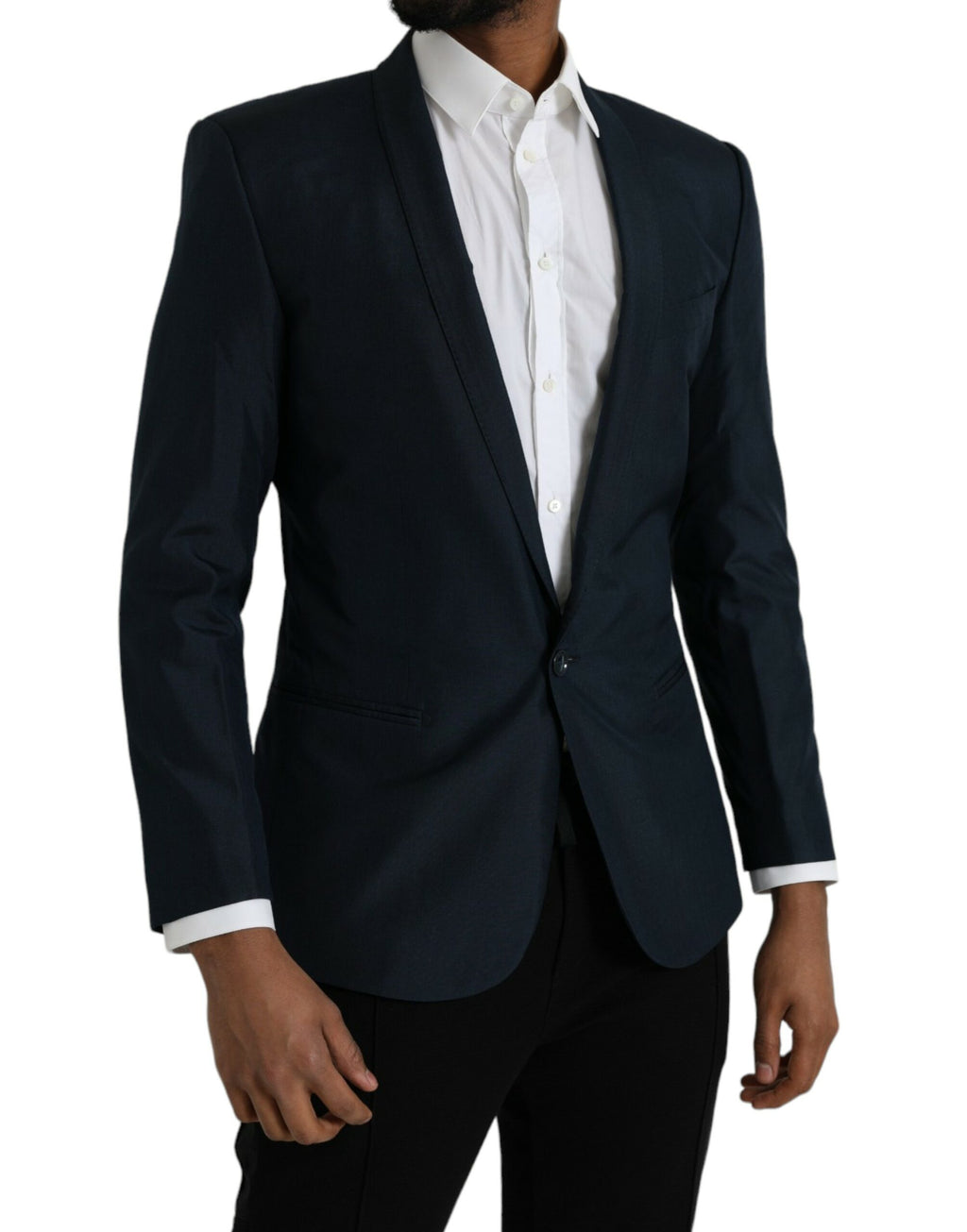Manteau blazer bleu à revers en or Dolce & Gabbana, coupe à un bouton, style élégant et sophistiqué.