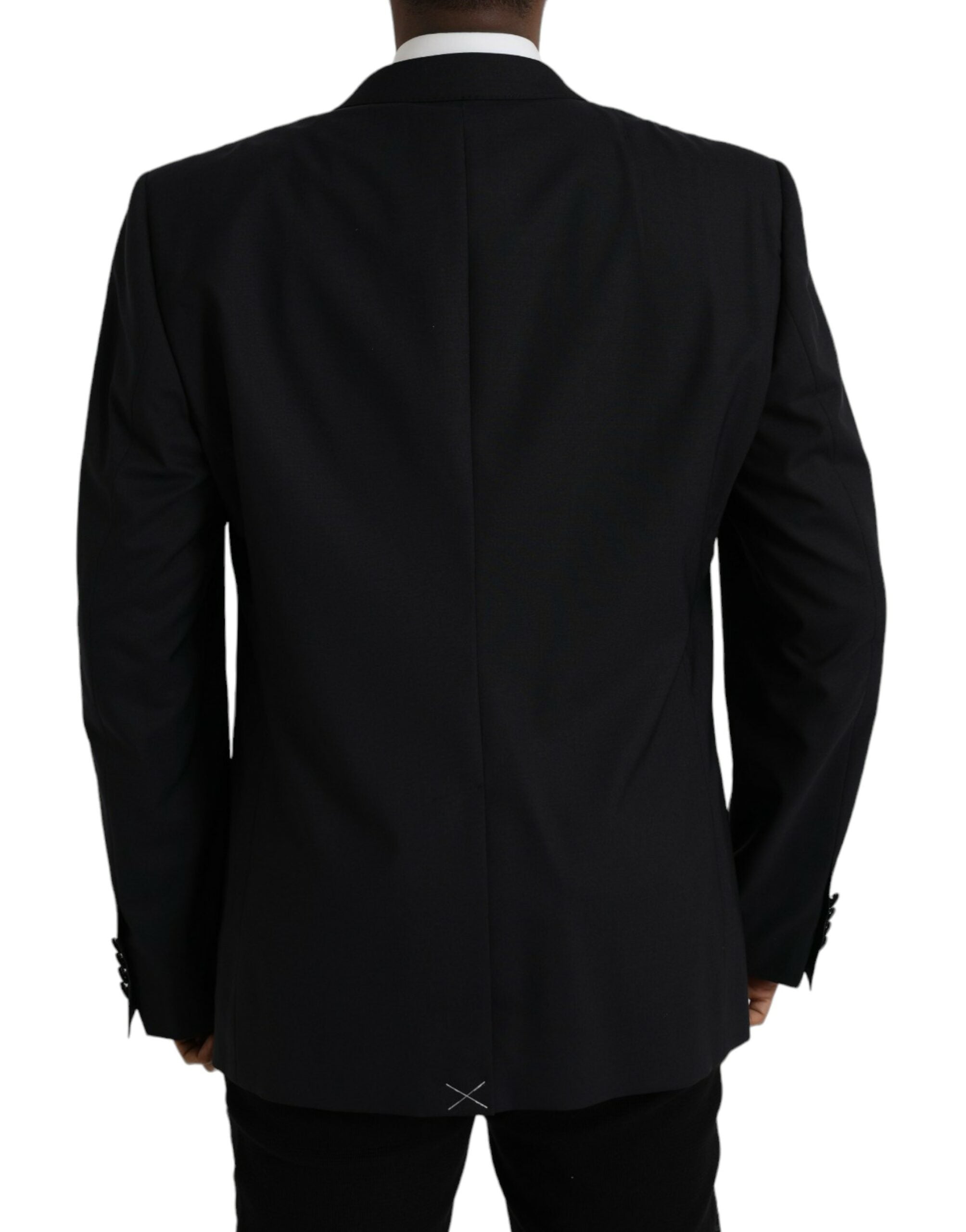 Manteau blazer bleu à un bouton Dolce & Gabbana Martini, coupe croisée élégante, tissu de haute qualité, porté sur mannequin.