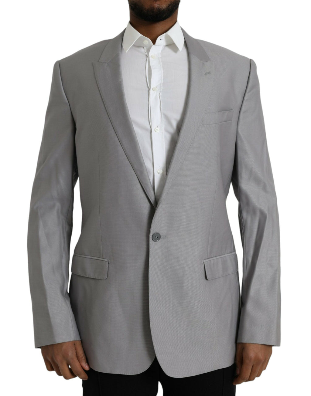 Manteau blazer pour homme en laine grise Dolce & Gabbana, coupe simple à un bouton, style élégant et classique.