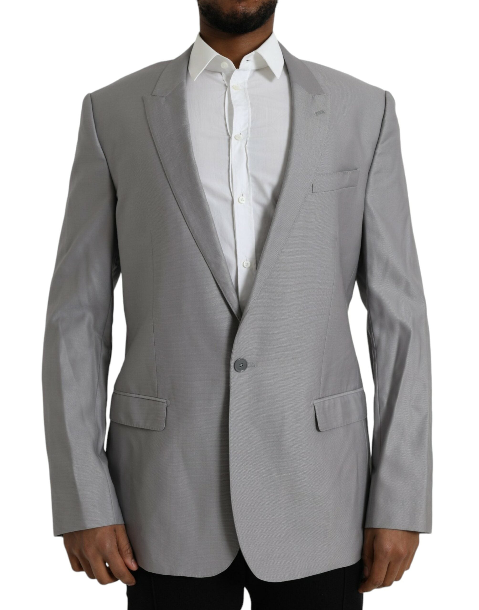 Manteau blazer pour homme en laine grise Dolce & Gabbana, coupe simple à un bouton, style élégant et classique.