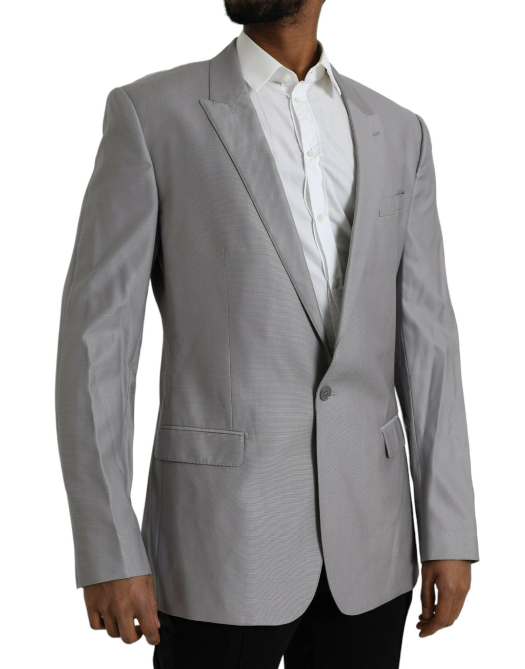 Manteau gris en laine Dolce & Gabbana, blazer à un seul boutonnage avec col en pointe, vue de face sur mannequin.