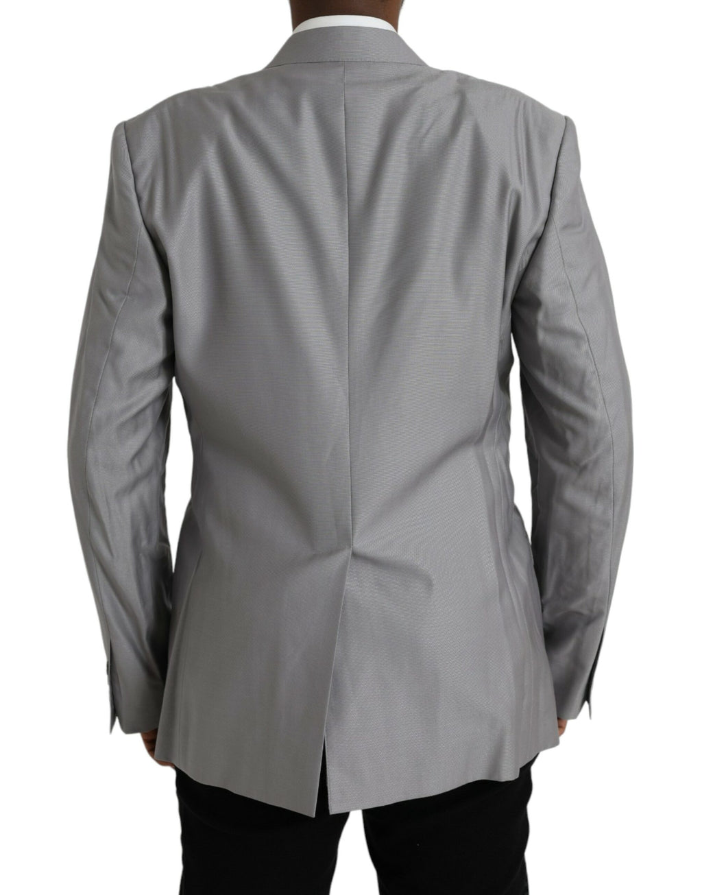 Manteau gris en laine Dolce & Gabbana, blazer à un seul bouton avec col pointu, porté sur un mannequin.