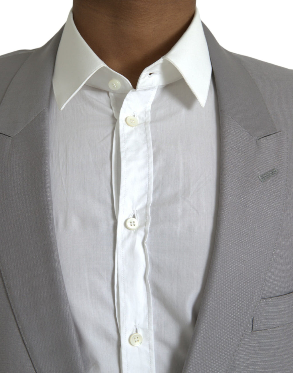 Manteau gris en laine Dolce & Gabbana, blazer à col cranté avec boutonnière simple, élégant et sophistiqué.