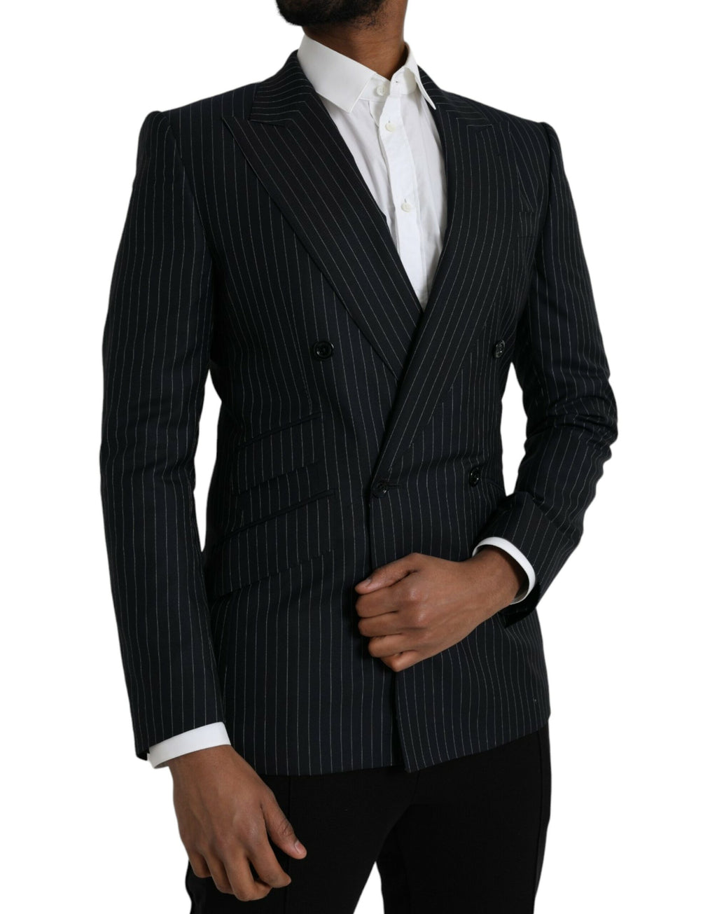 Manteau blazer Dolce & Gabbana SICILIA à rayures noires, double boutonnage, style élégant et sophistiqué.