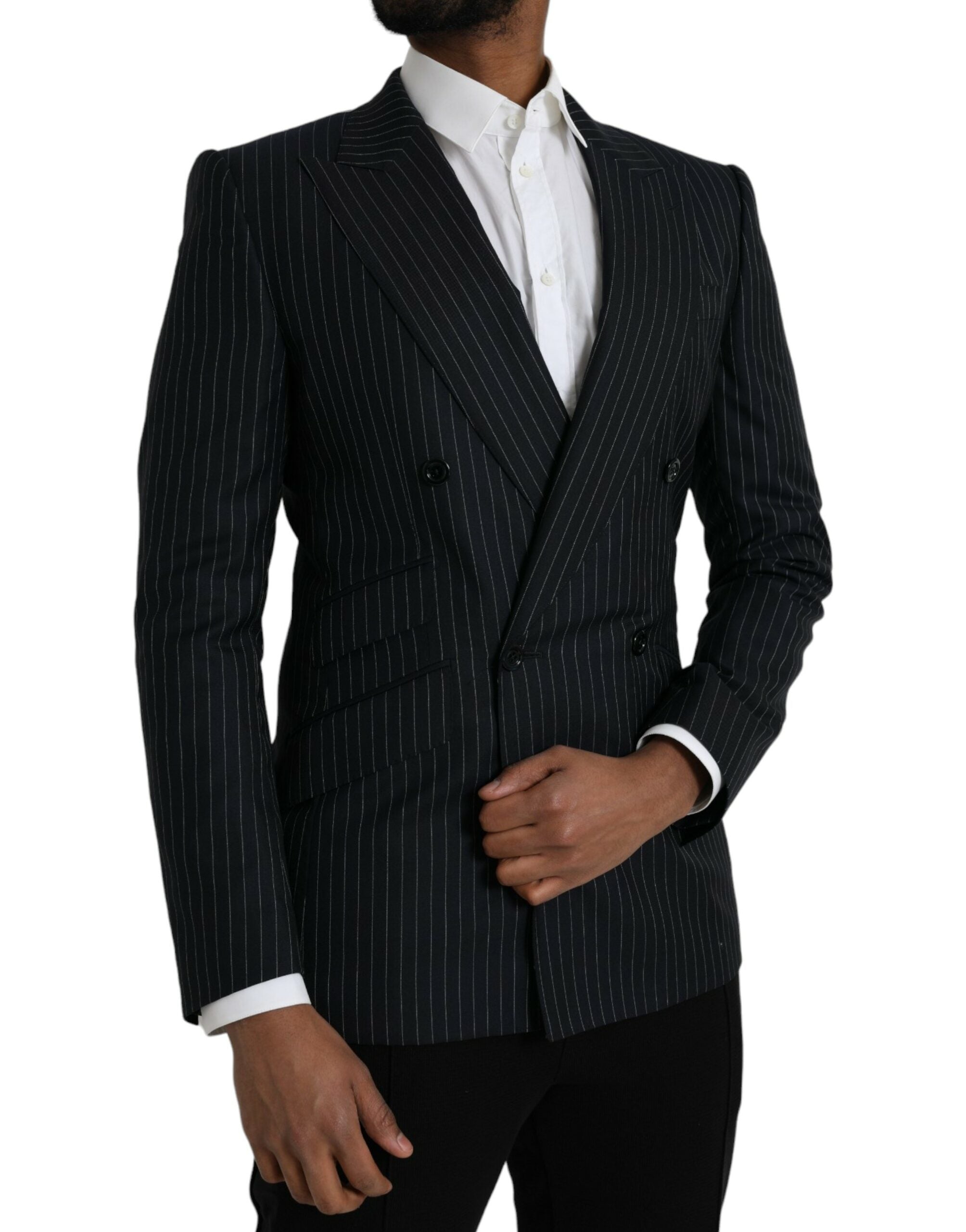 Manteau blazer Dolce & Gabbana SICILIA à rayures noires, double boutonnage, style élégant et sophistiqué.