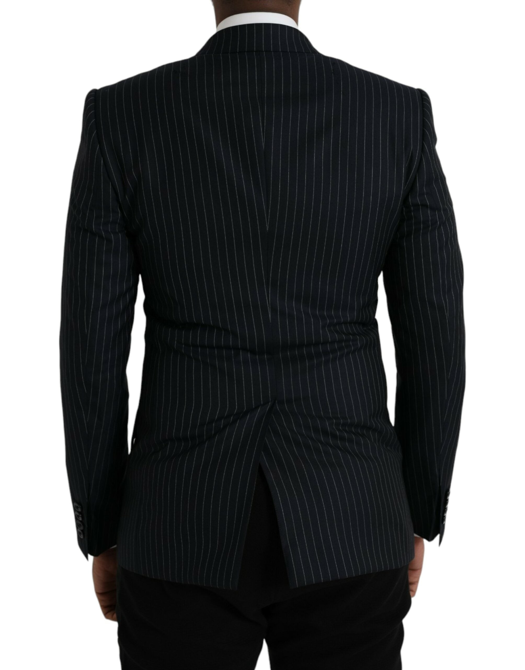 Manteau blazer noir à rayures Dolce & Gabbana Sicilia à double boutonnage, vue en gros plan sur le tissu et les détails.