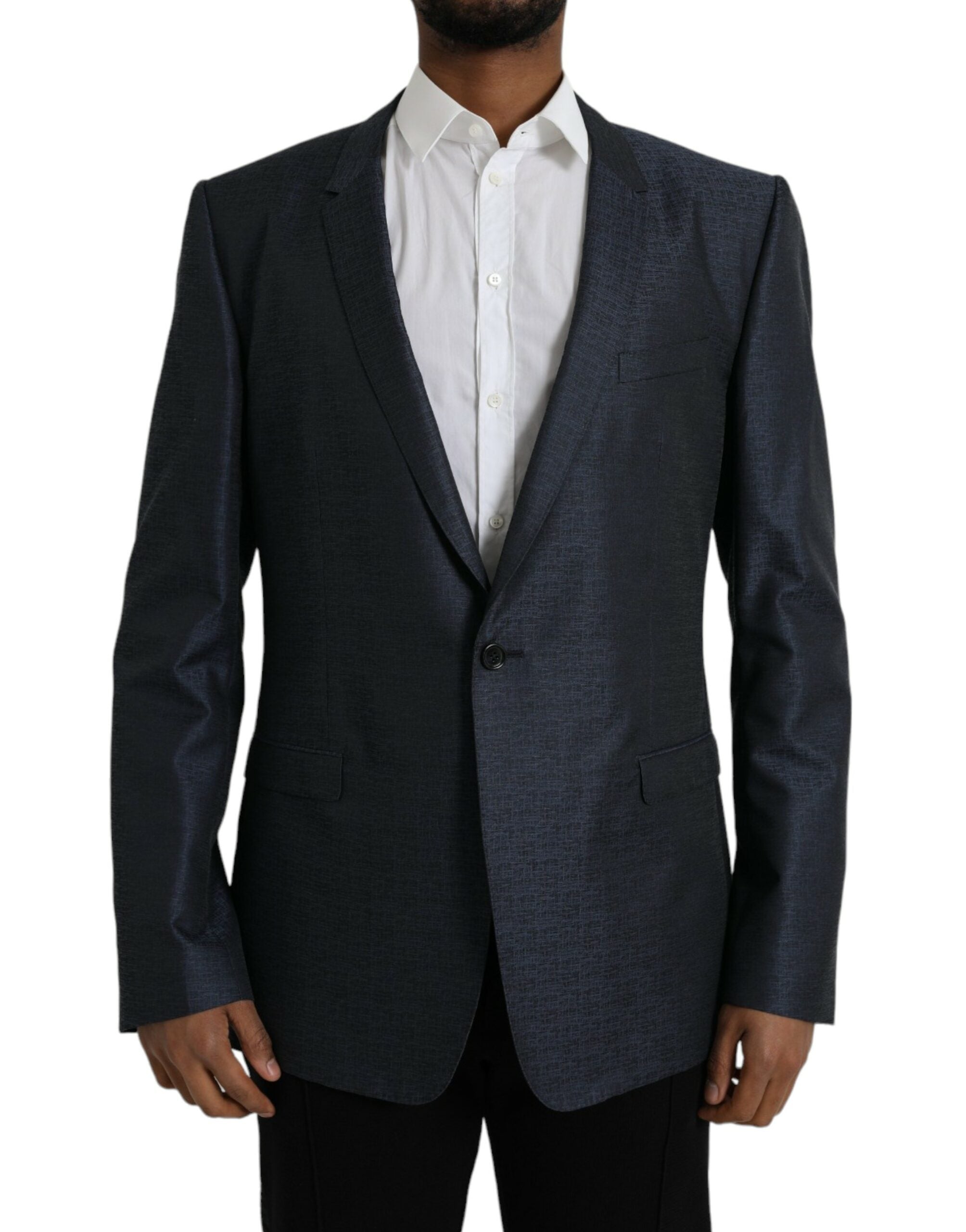 Manteau blazer en laine bleue Dolce & Gabbana à un bouton avec détails dorés, coupe classique et élégante.