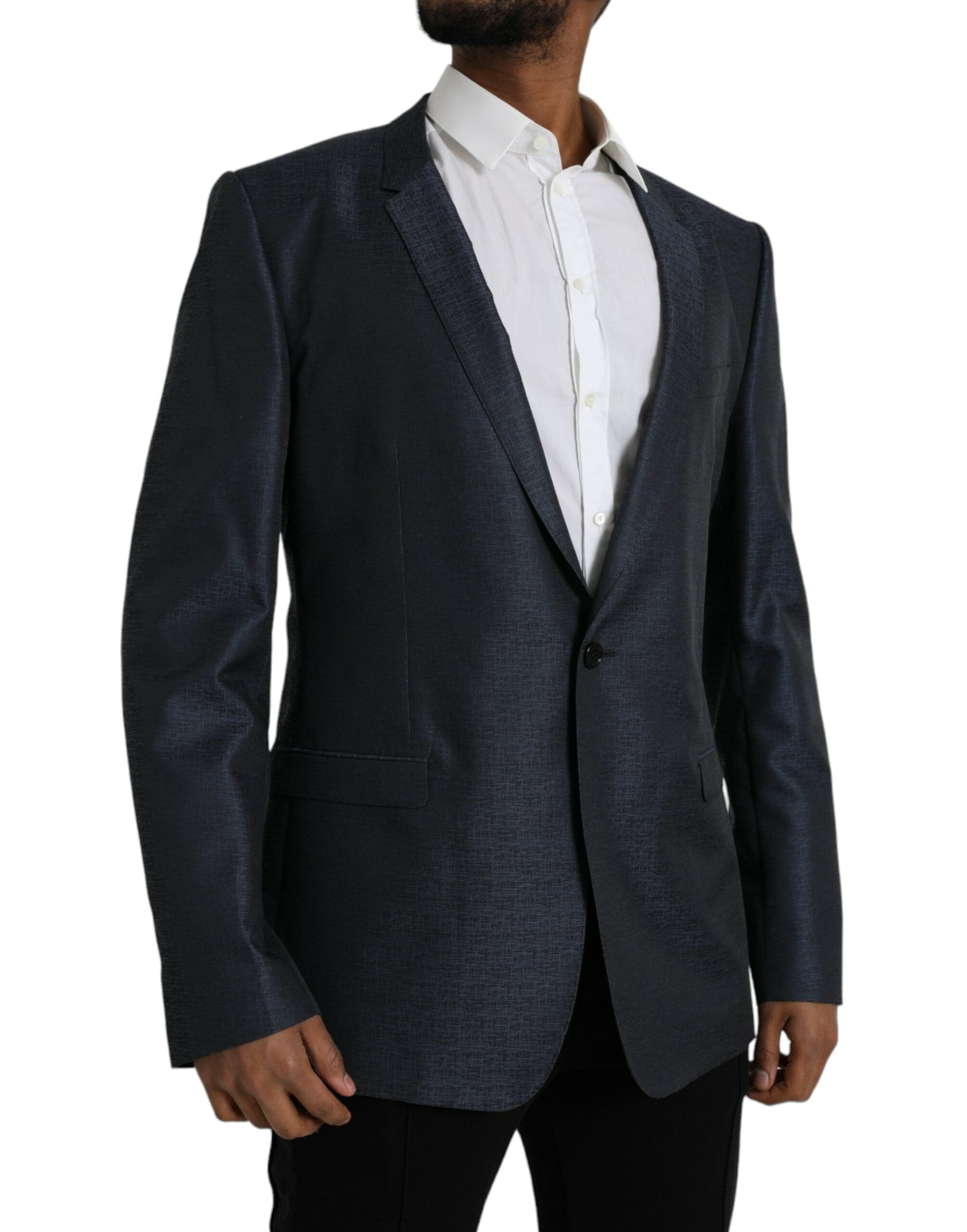 Manteau blazer bleu en laine Dolce & Gabbana à boutonnage simple, style élégant et sophistiqué, visible en gros plan.