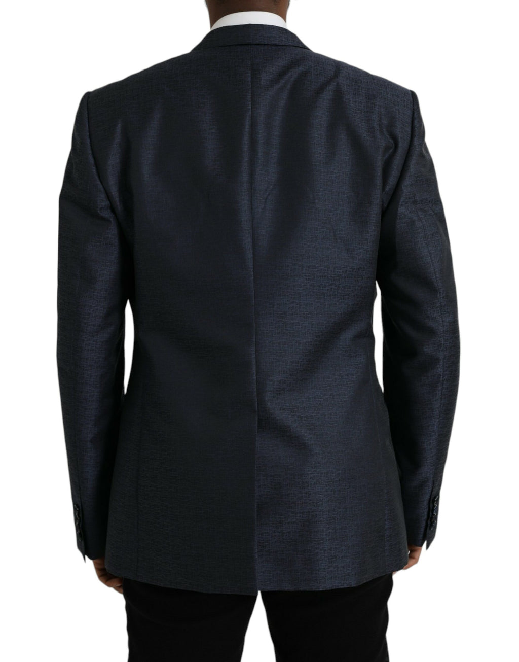 Manteau blazer en laine bleue Dolce & Gabbana à boutonnière simple et détails dorés, vue de face.