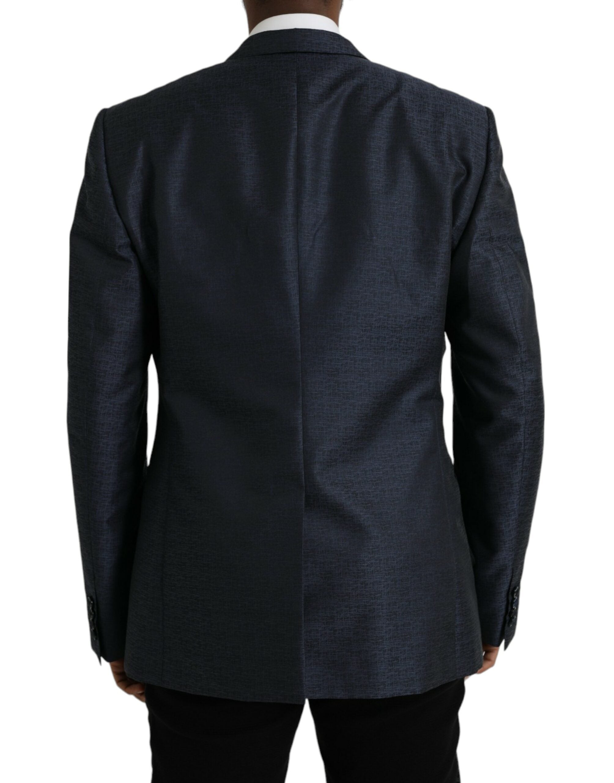 Manteau blazer en laine bleue Dolce & Gabbana à boutonnière simple et détails dorés, vue de face.