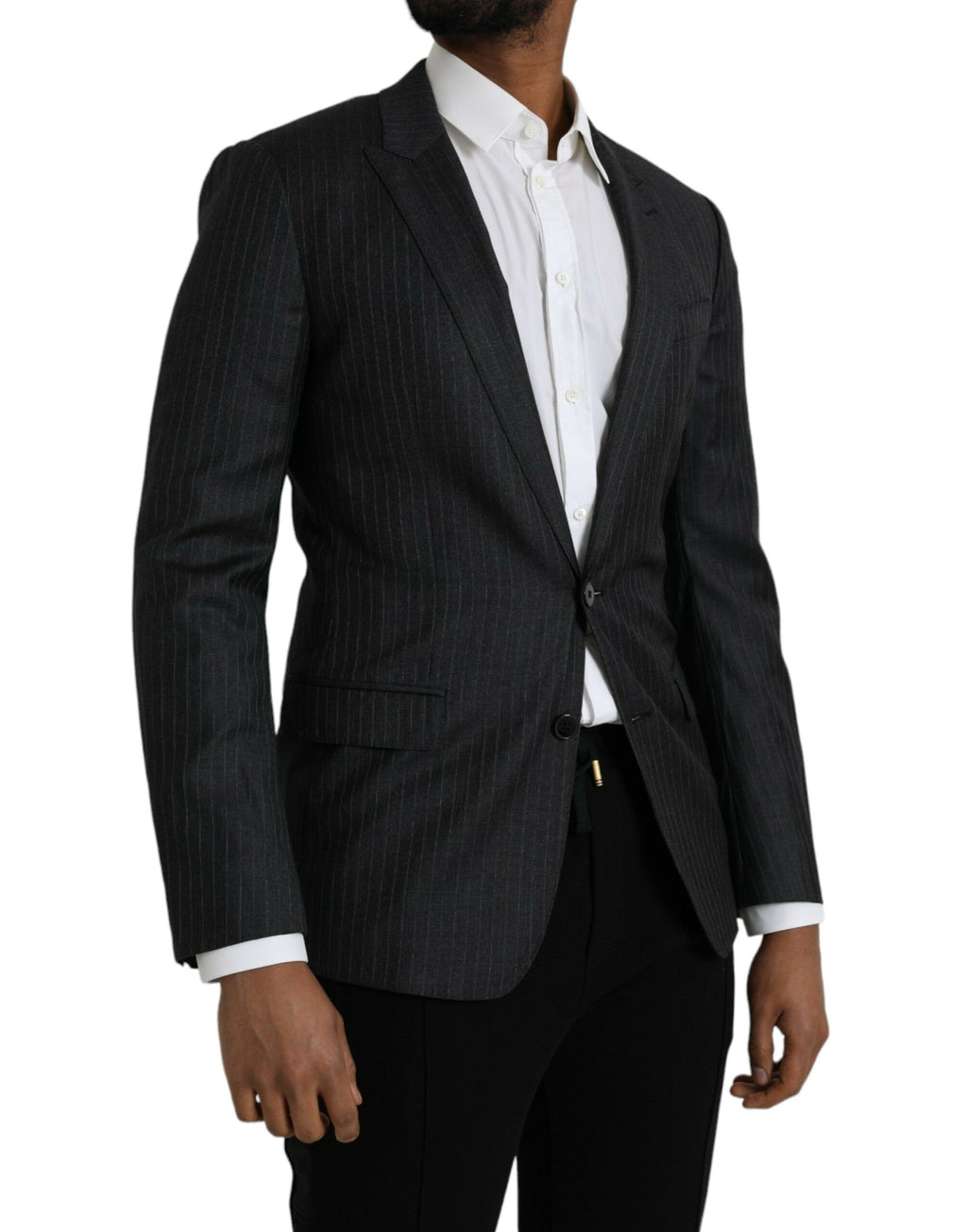 Manteau blazer Dolce & Gabbana noir à rayures, coupe simple, porté sur un mannequin.