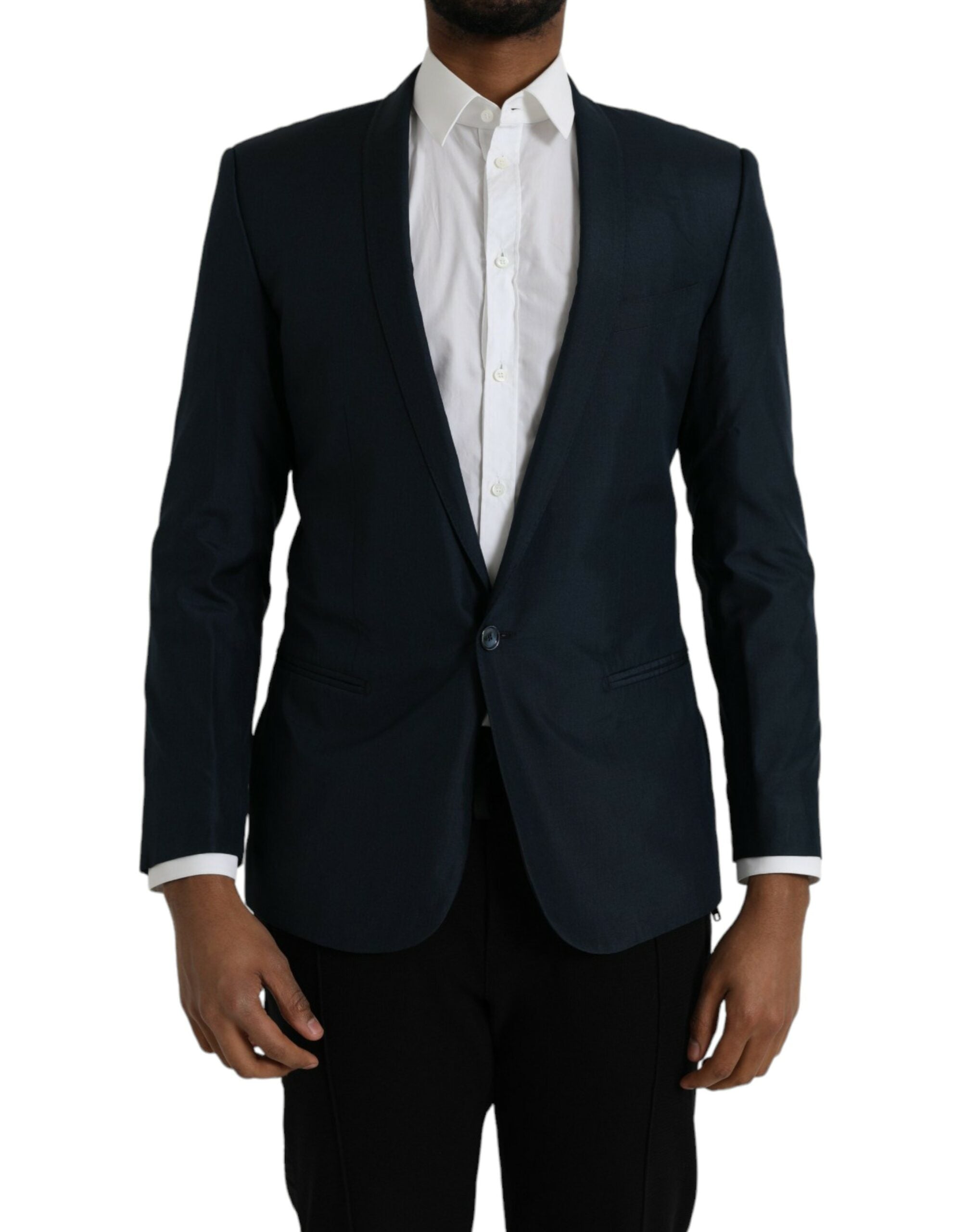 Veste blazer Dolce & Gabbana Bleu Martini à un bouton, coupe classique, tissu élégant, vue de face sur fond neutre.