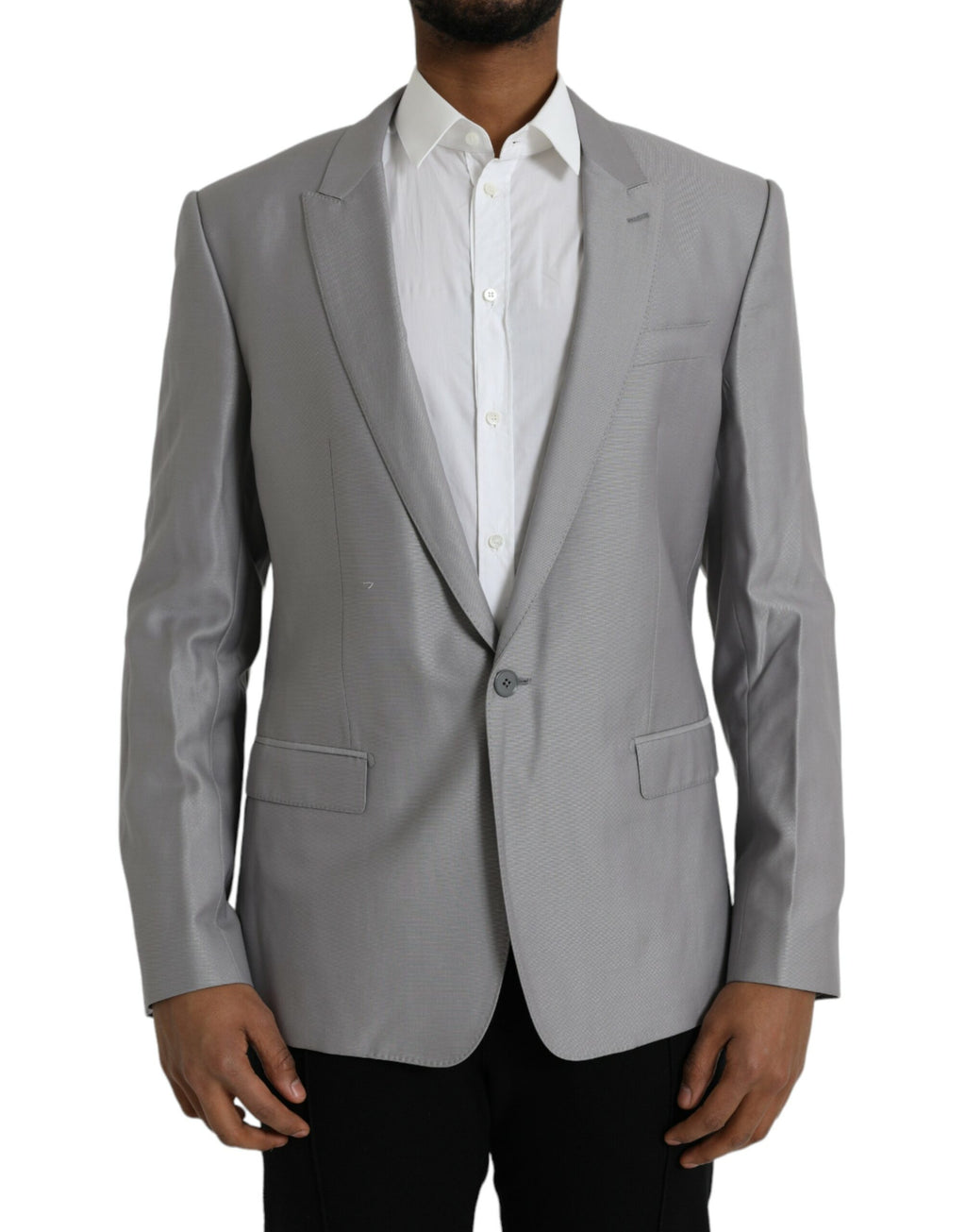 Manteau gris en laine Dolce & Gabbana, blazer à col pointu et coupe classique, vue de face sur fond neutre.