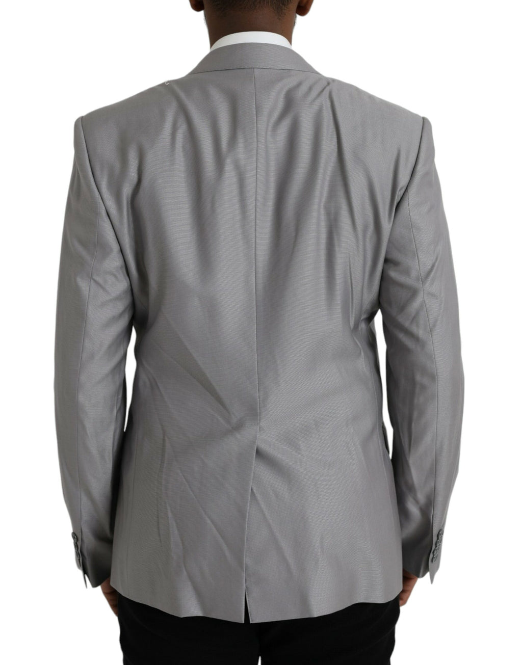 Manteau blazer en laine grise Dolce & Gabbana à col pointu et coupe simple, vue de face.