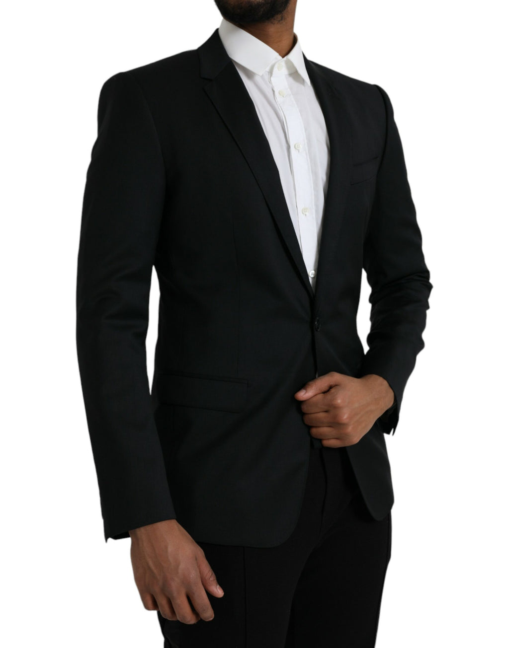 Veste blazer noire en laine Dolce & Gabbana, coupe simple, à un bouton, devant visible, élégante et classique.