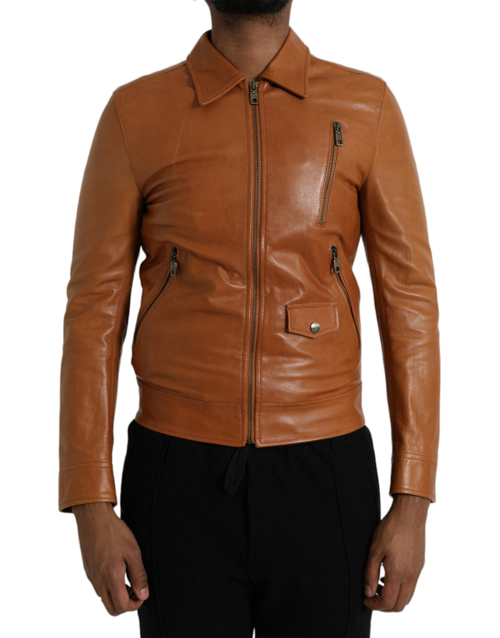 Veste blouson en cuir d'agneau marron Dolce & Gabbana avec fermeture éclair complète, détails stylés et coupe moderne.