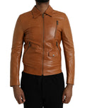 Veste blouson en cuir d'agneau marron Dolce & Gabbana avec fermeture éclair complète, détails stylés et coupe moderne.