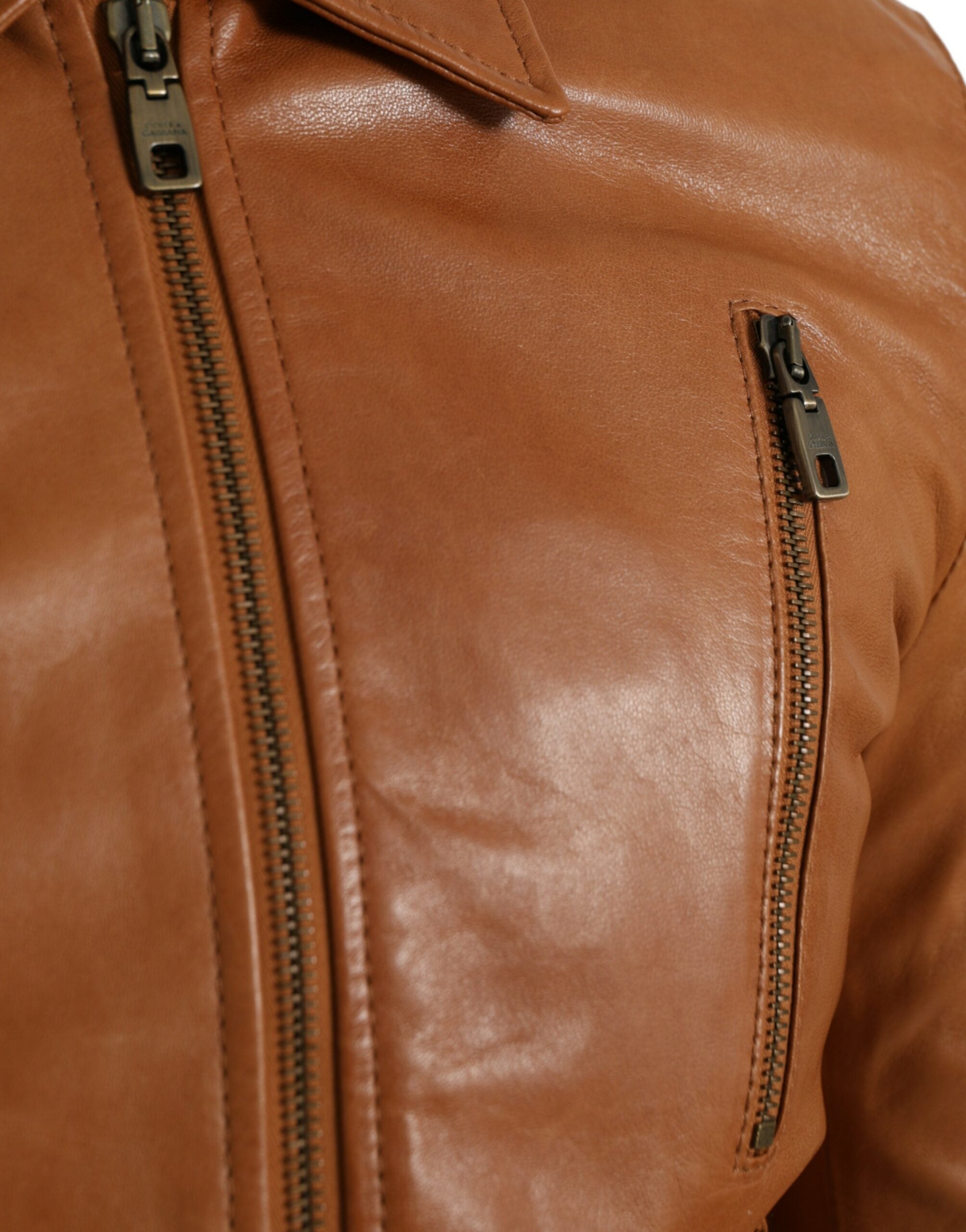 Veste blouson Dolce & Gabbana en cuir d'agneau marron avec fermeture éclair complète et col montant.