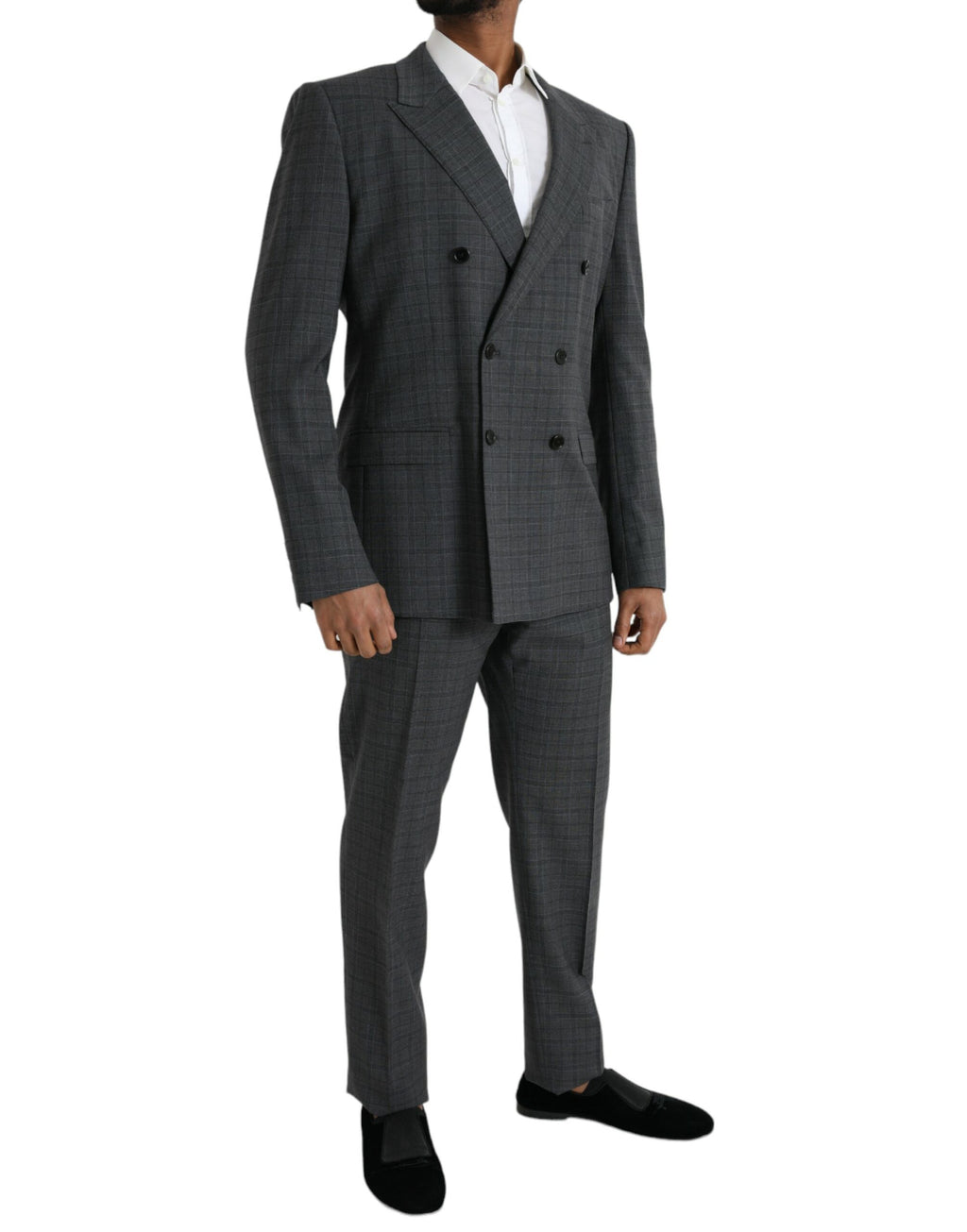 Costume double pièce en laine à carreaux gris Dolce & Gabbana Martini, costume formel élégant avec veste et pantalon.