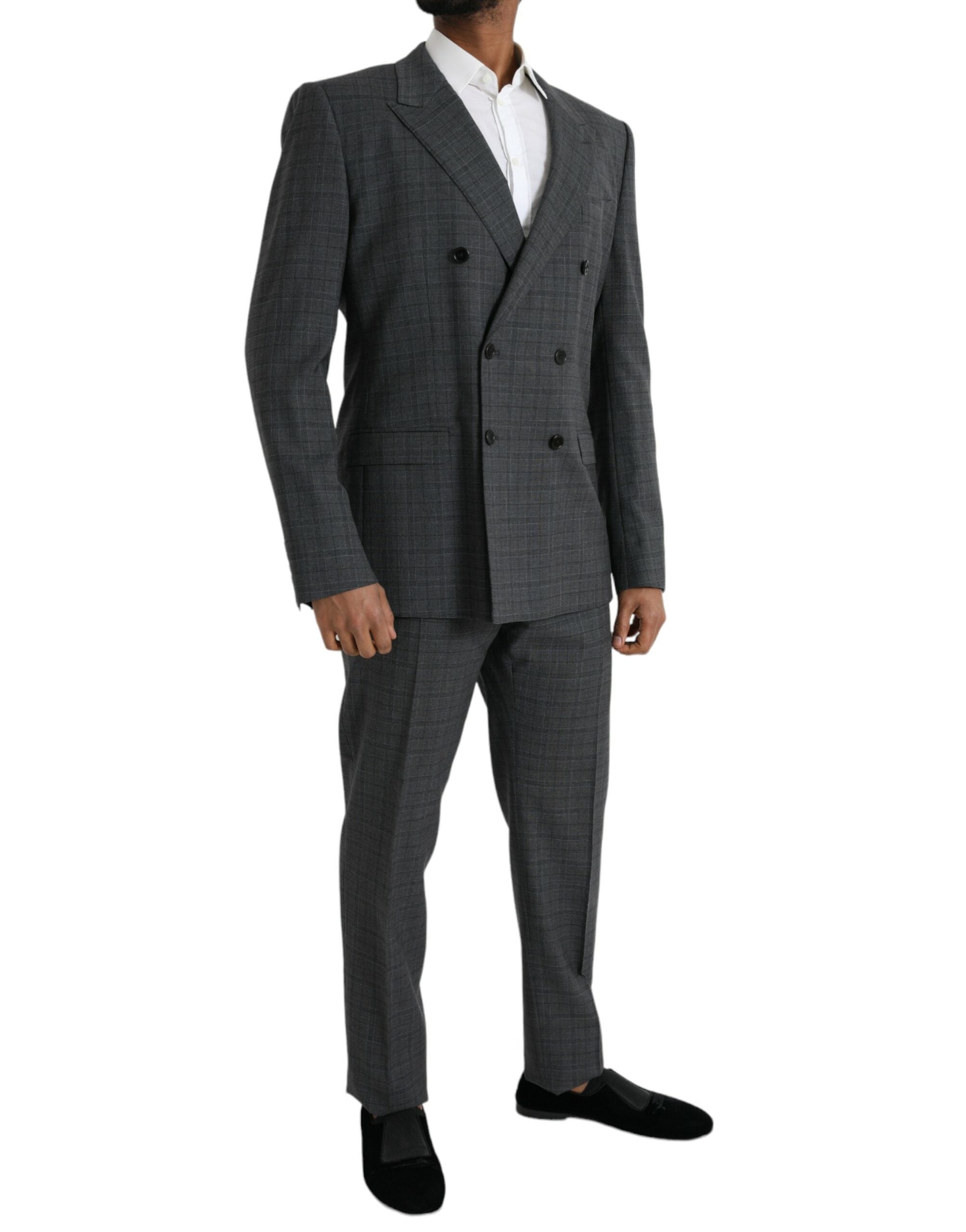 Costume double pièce en laine à carreaux gris Dolce & Gabbana Martini, costume formel élégant avec veste et pantalon.