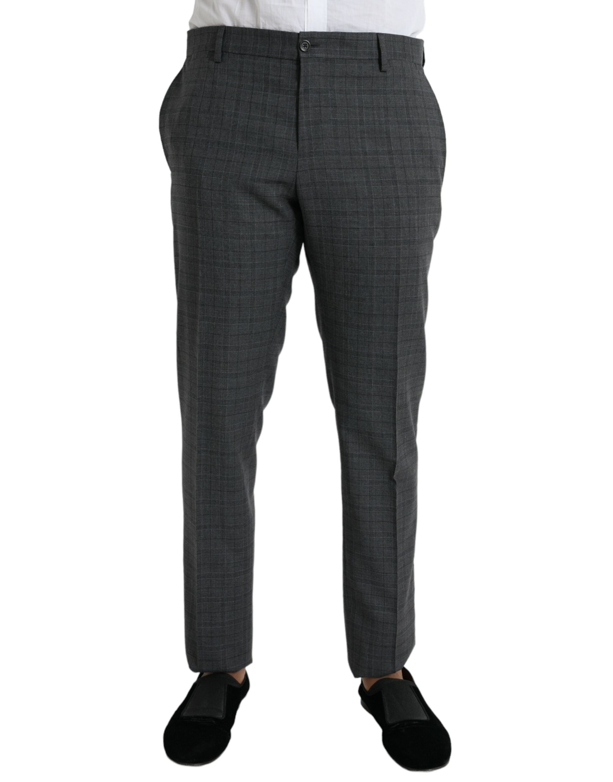 Costume formel en laine gris à carreaux Dolce & Gabbana, veste et pantalon 2 pièces pour homme élégante et sophistiquée.