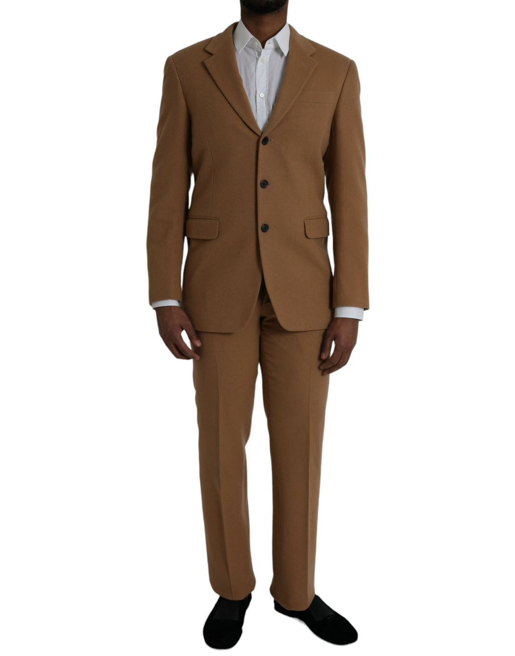 Costume en cachemire marron Prada à double boutonnage, composé de deux pièces, élégant et sophistiqué.