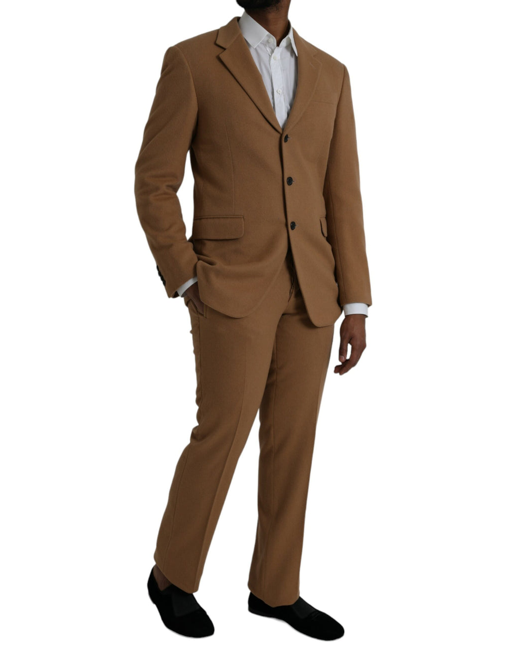 Costume en cachemire marron Prada à deux pièces, veste à simple boutonnage et pantalon, élégant et sophistiqué.