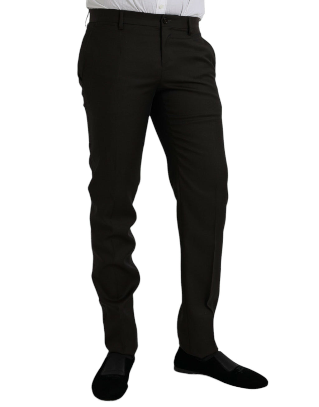 Pantalon formel en laine marron foncé Dolce & Gabbana, coupe slim, vue de face.