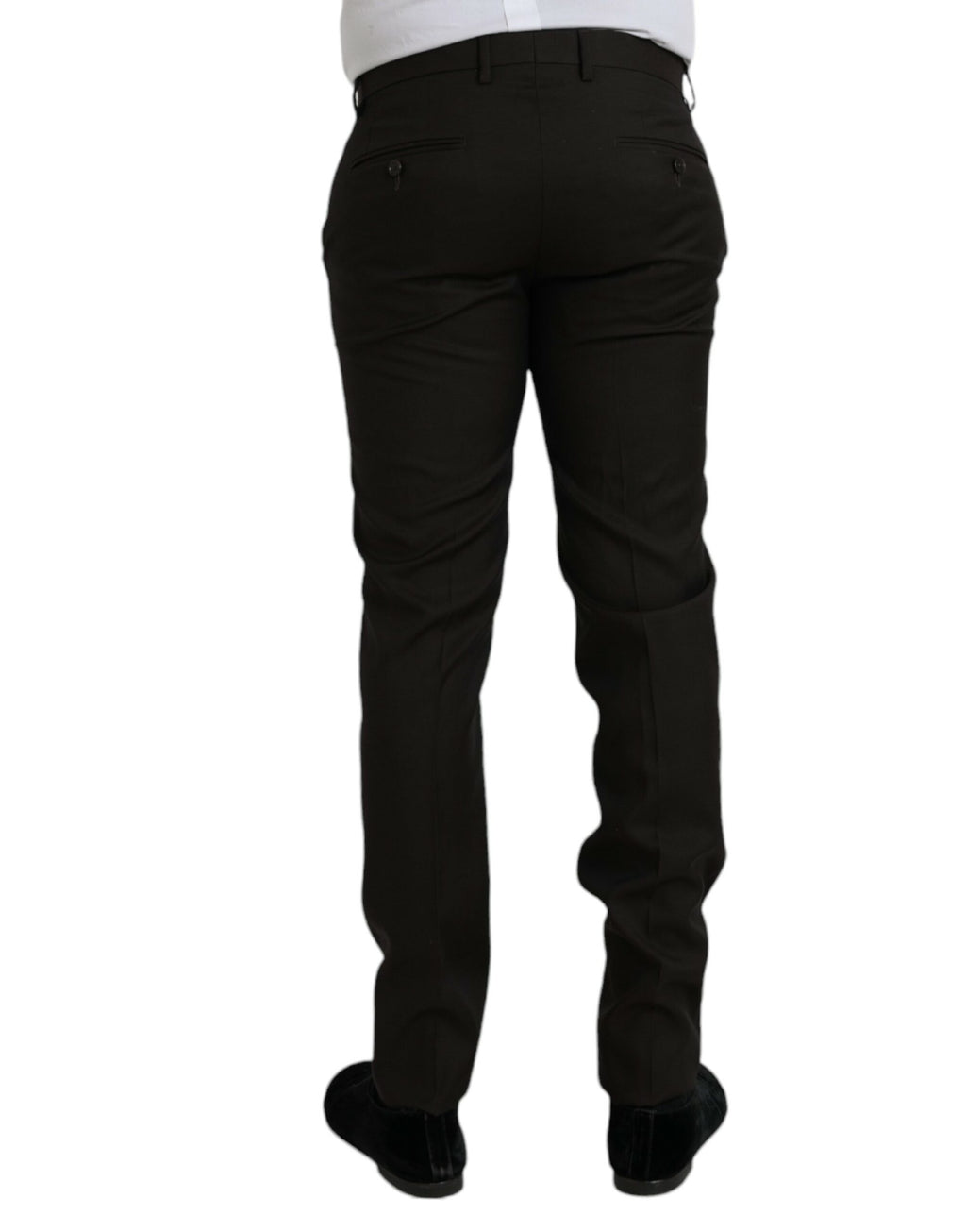 Pantalon formel slim en laine marron foncé de Dolce & Gabbana, vue de face, détails élégants et coupe ajustée.