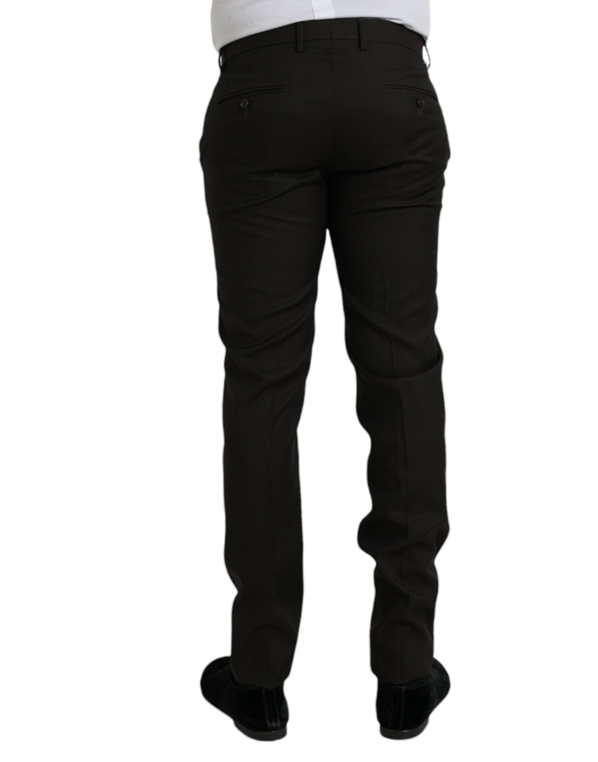 Pantalon formel slim en laine marron foncé de Dolce & Gabbana, vue de face, détails élégants et coupe ajustée.