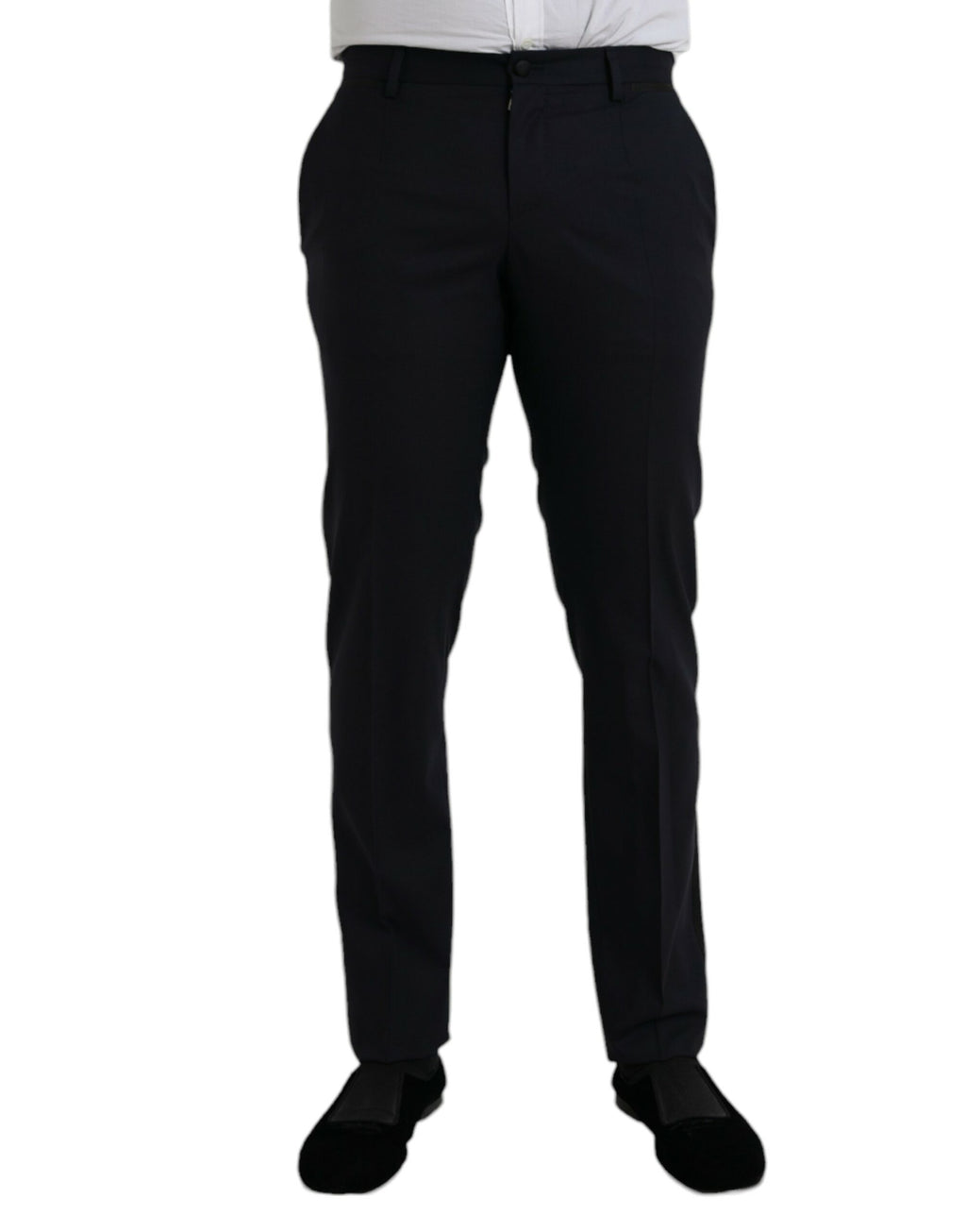 Pantalon formel en laine bleu foncé Dolce & Gabbana, coupe slim, vue de face sur un fond blanc.